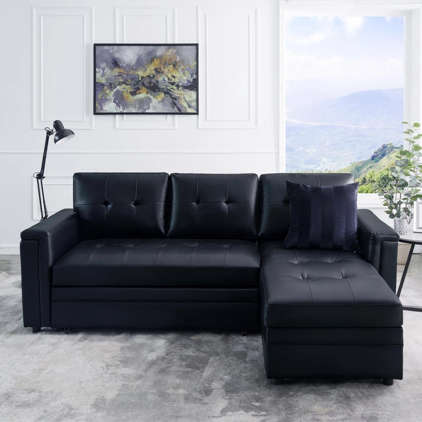 Black Faux Leather Sectional Sofa with Storage Ottoman