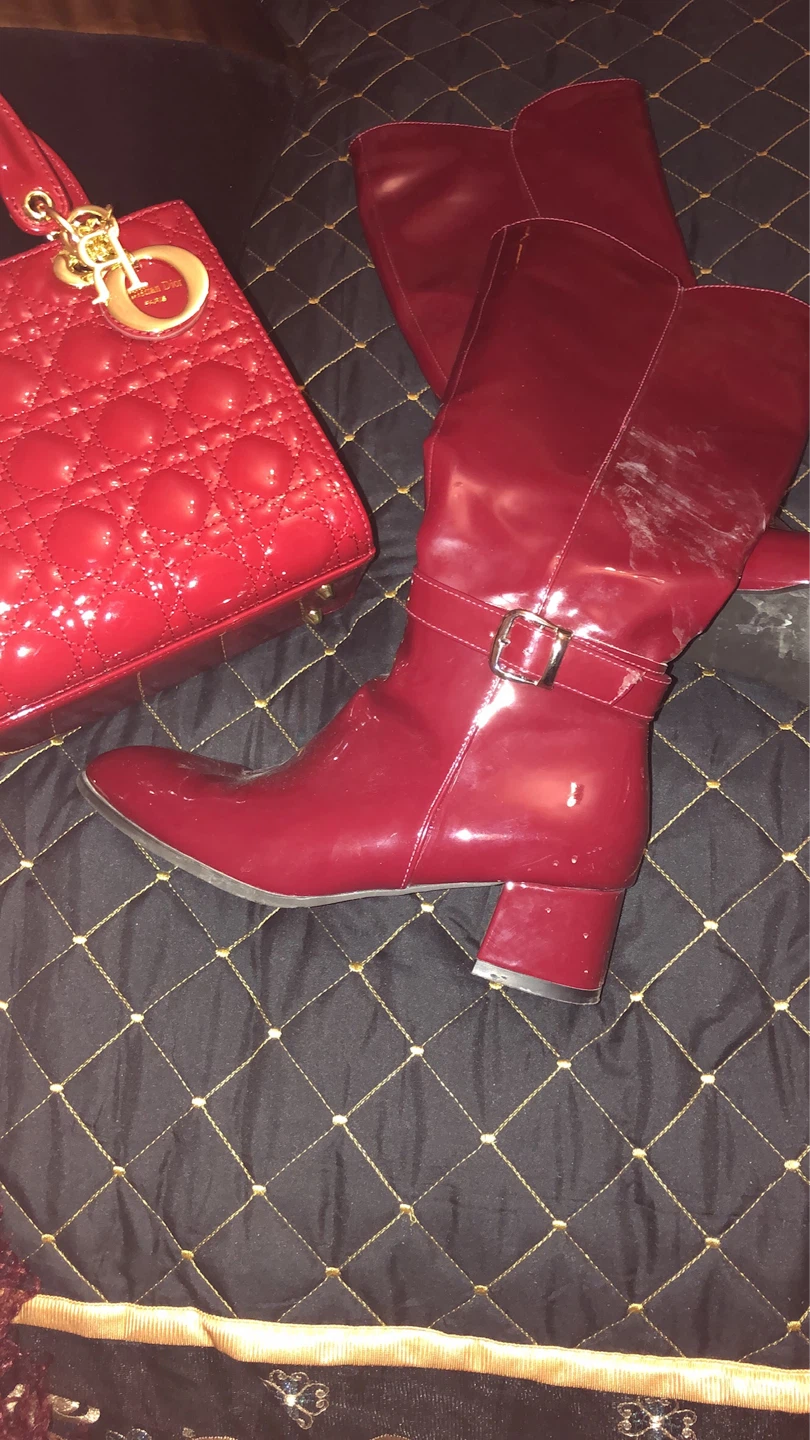 Red Patent Leather Tall Boots with Dior and cardigan - photo 2