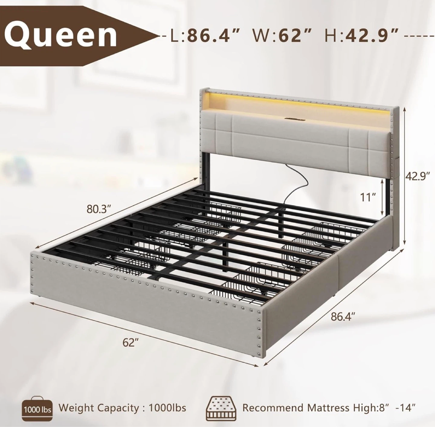 Queen Upholstered Bed Frame with Headboard and USB Ports - photo 2