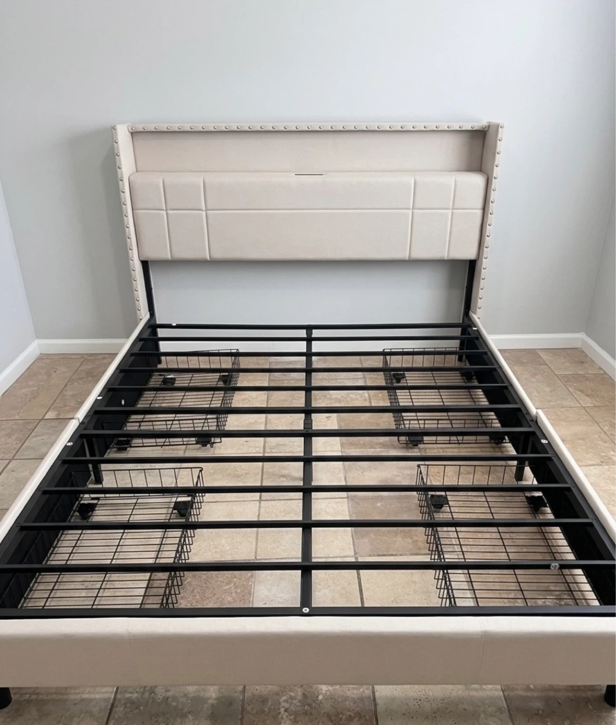 Queen Upholstered Bed Frame with Headboard and USB Ports
