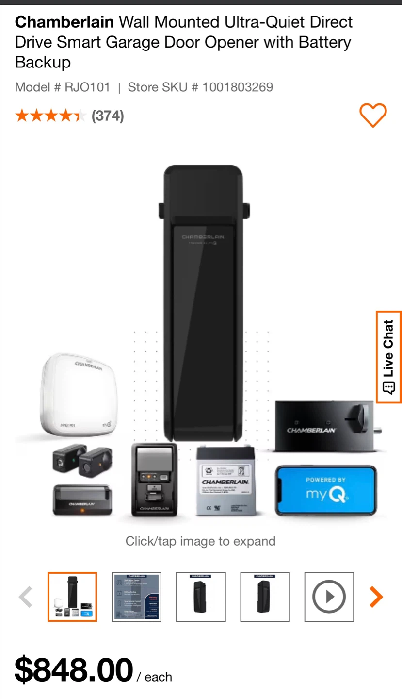 Chamberlain Wall Mount Smart Garage Door Opener RJO101