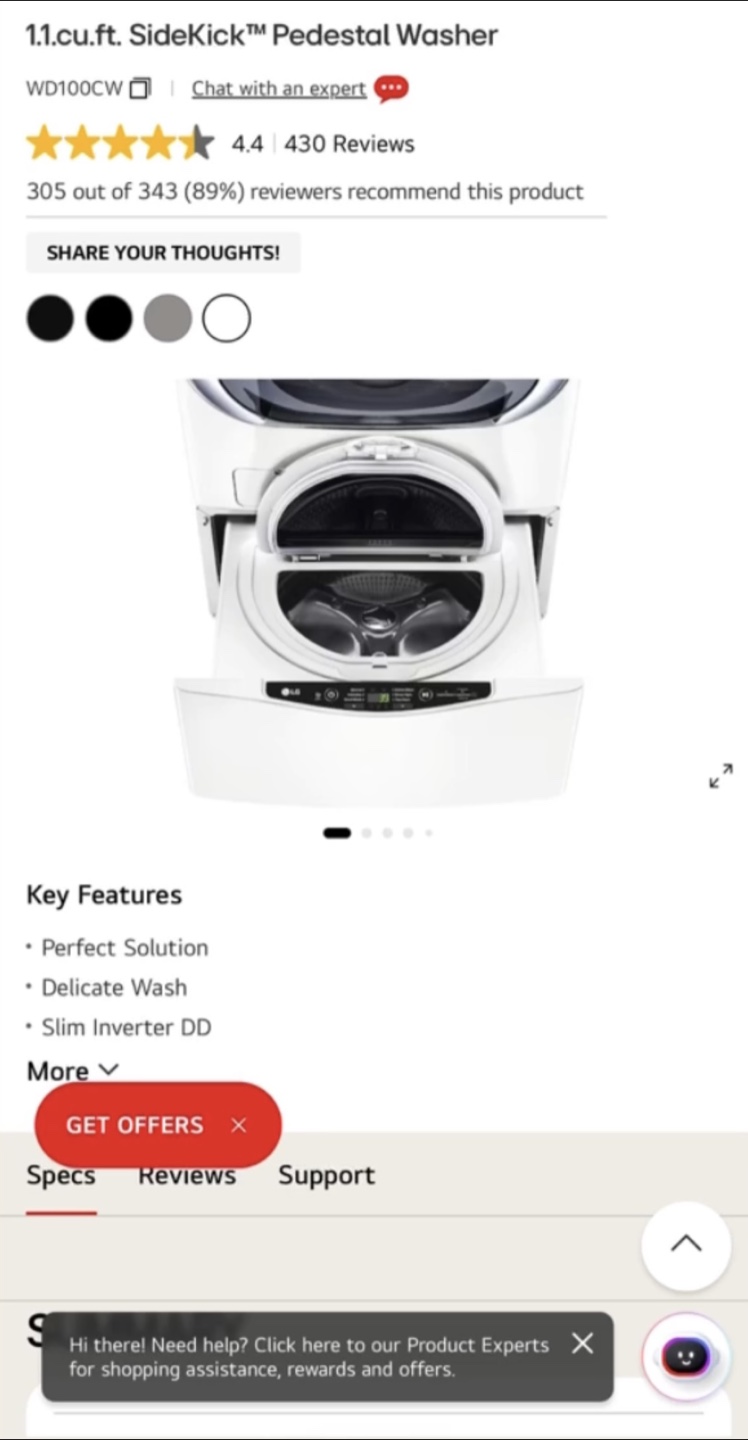 27'' LG SideKick Pedestal Washer - White