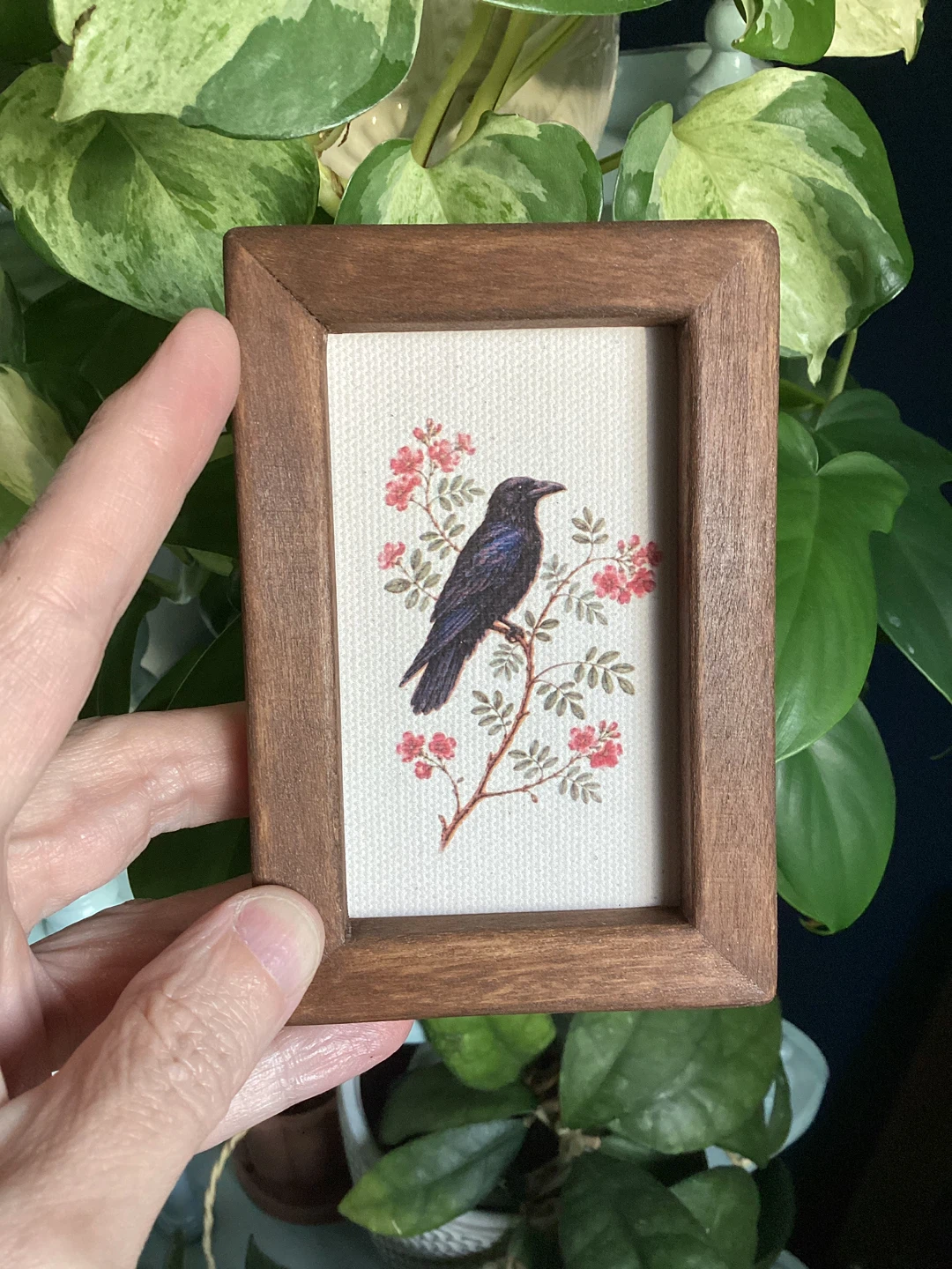 Miniature Artwork Crow on a Floral Branch
