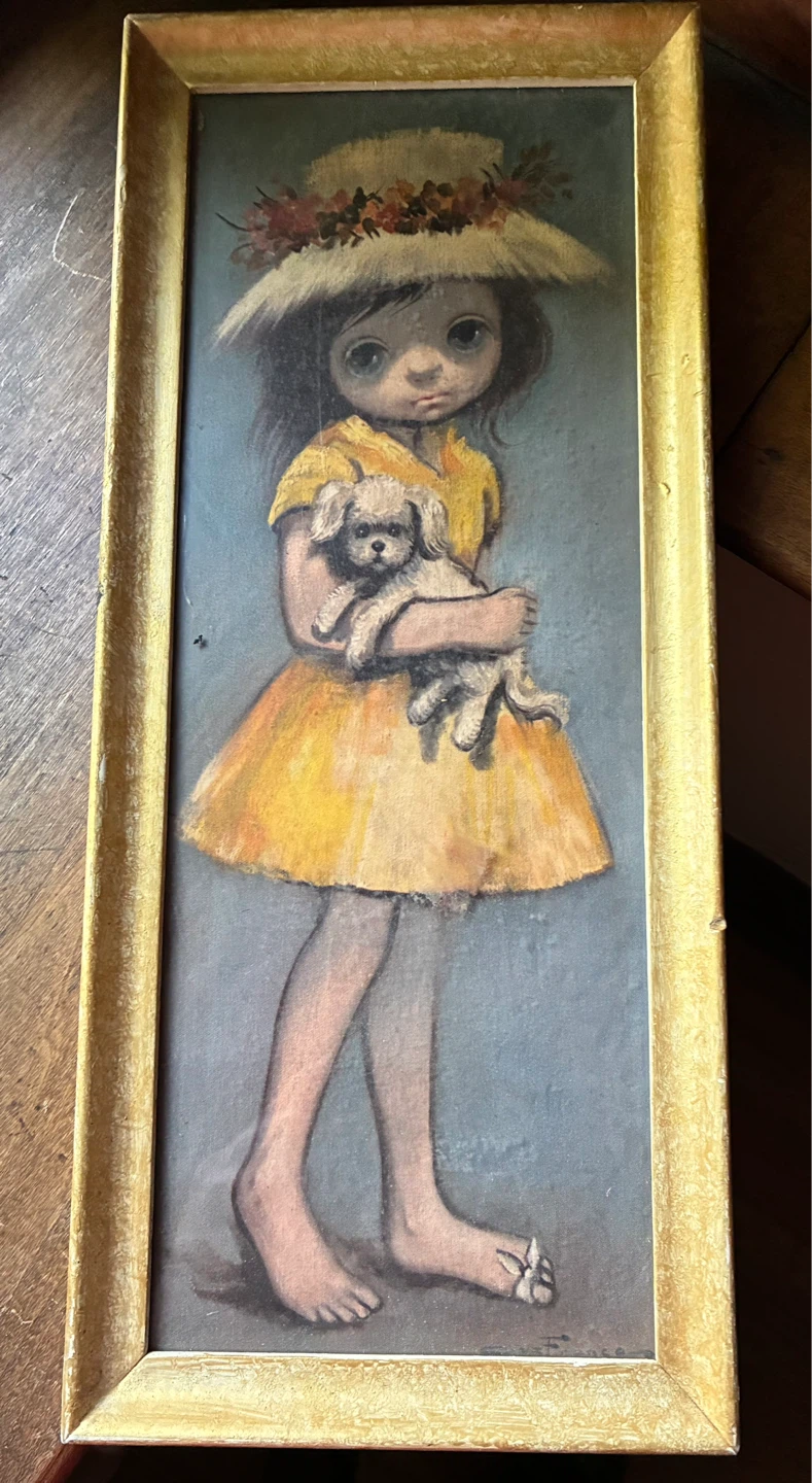 OZZ FRANCA Big Eyes Sad YELLOW DRESS GIRL dog MCM Art vintage