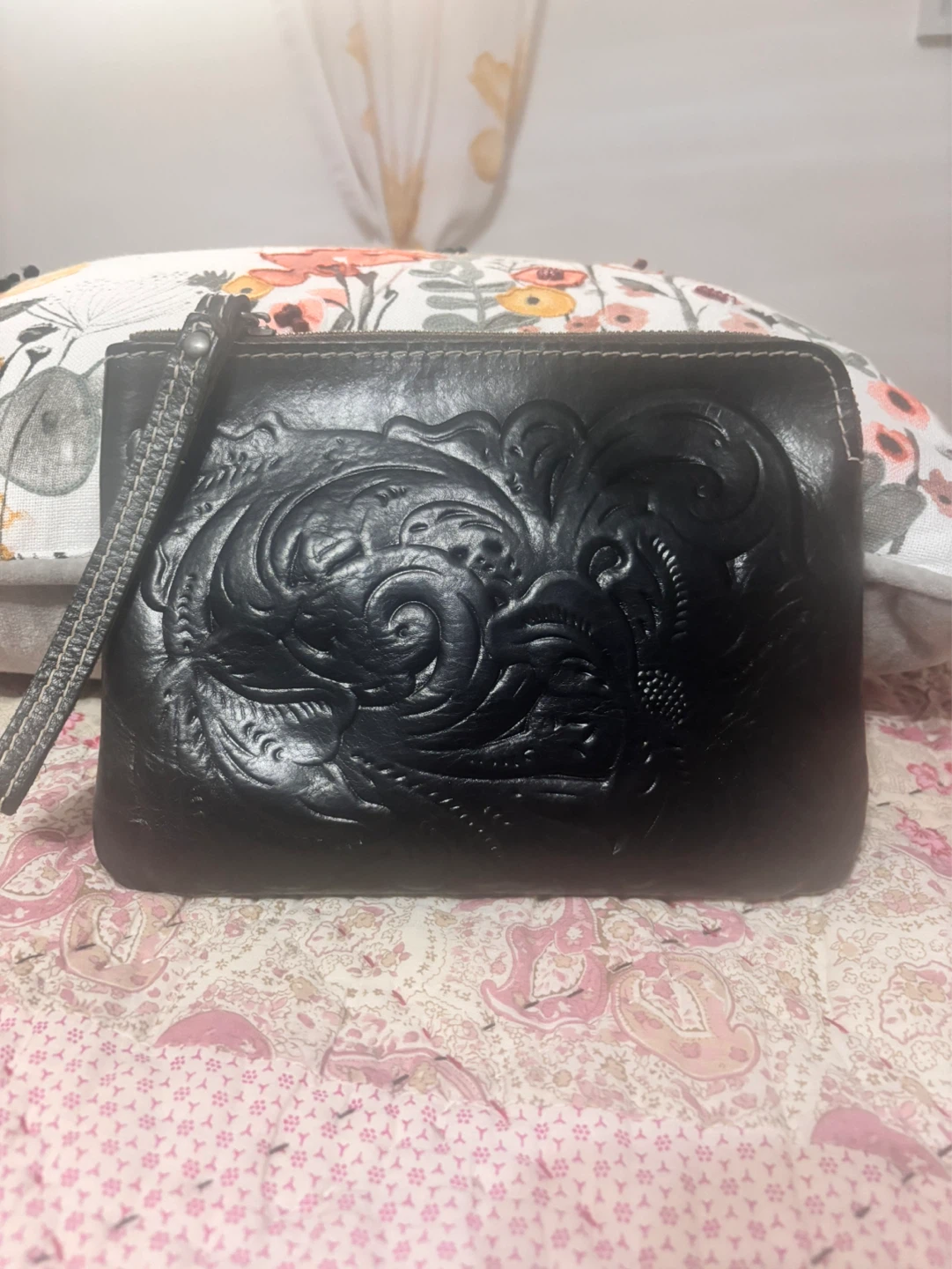 Patricia Nash Black Tooled Leather Wristlet