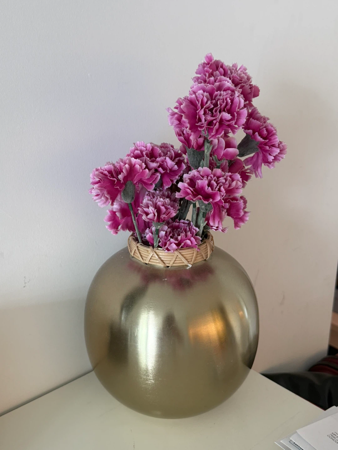 Gold Sphere Vase with Pink Carnations