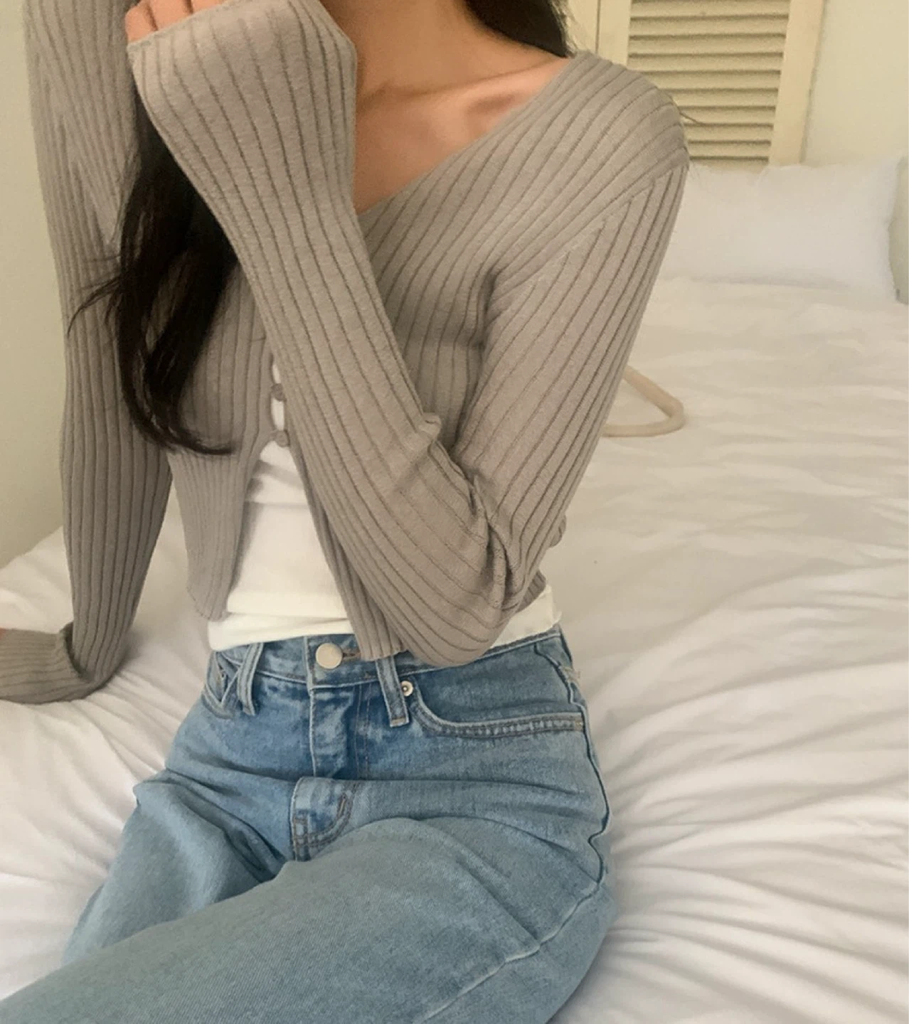 Grey Ribbed Button-Up Cardigan