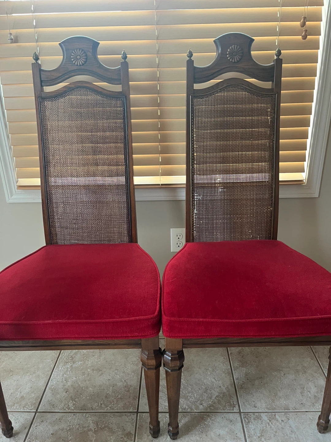 Vintage Wood Cane Dining Chairs with Red Velvet Seats - Set of 4 - photo 3