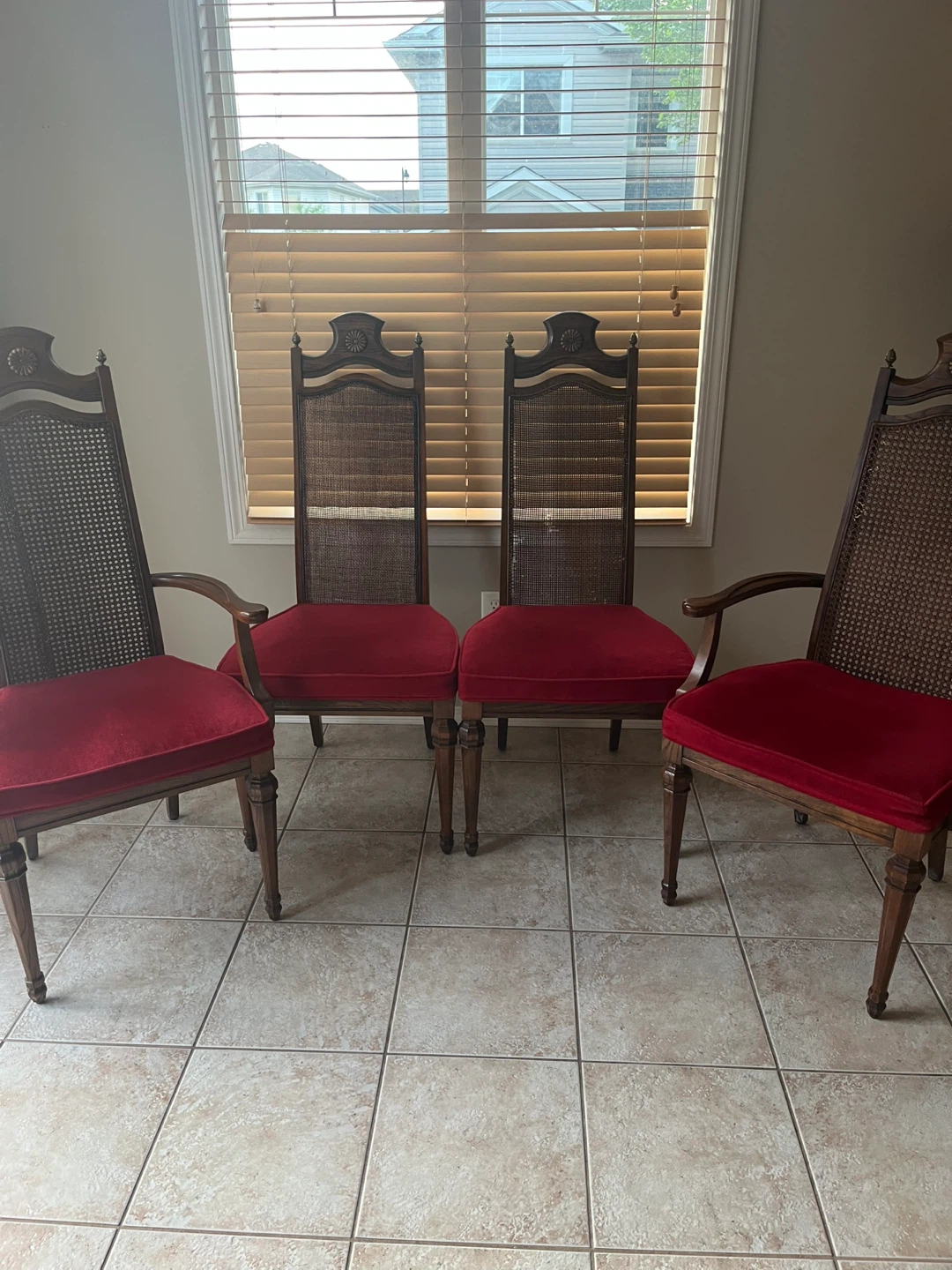 Vintage Wood Cane Dining Chairs with Red Velvet Seats - Set of 4