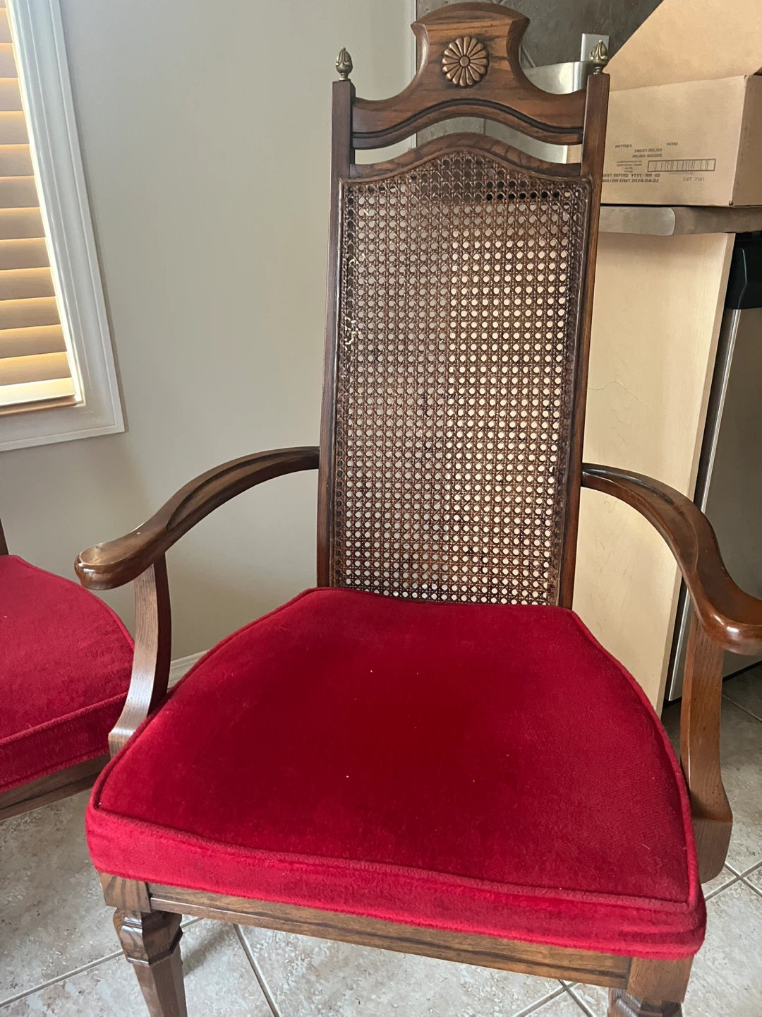 Vintage Wood Cane Dining Chairs with Red Velvet Seats - Set of 4 - photo 4