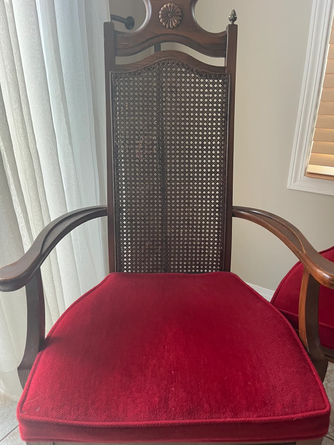 Vintage Wood Cane Dining Chairs with Red Velvet Seats - Set of 4 - photo 2
