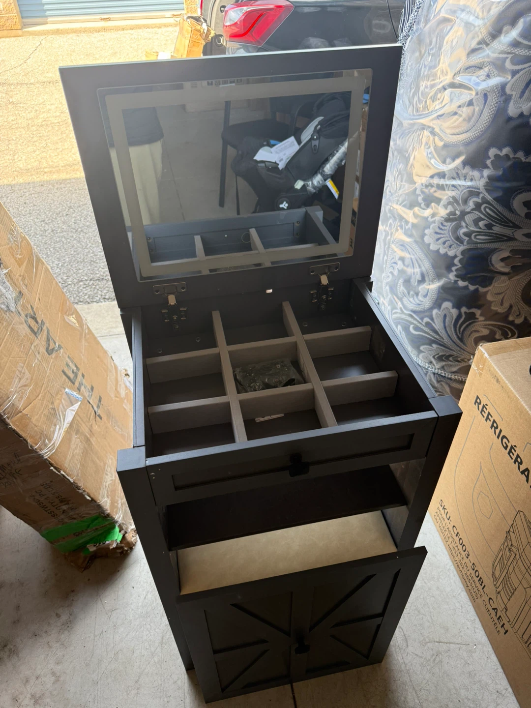 Dark Grey Jewellery Cabinet with Mirror and Stool - photo 2