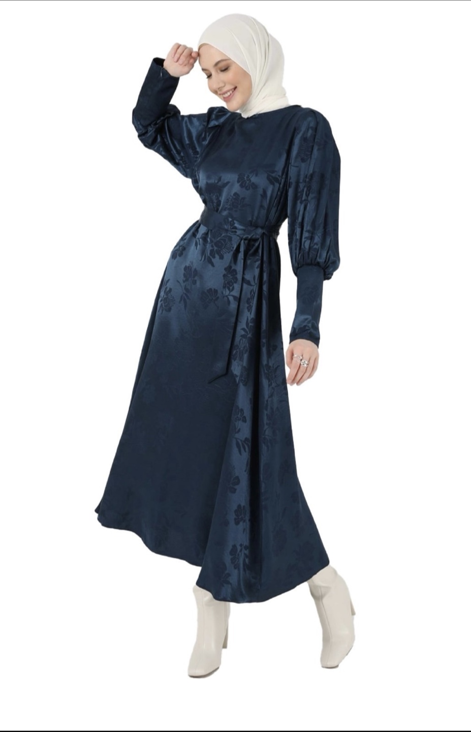 Dark Teal Floral Jacquard Satin Dress