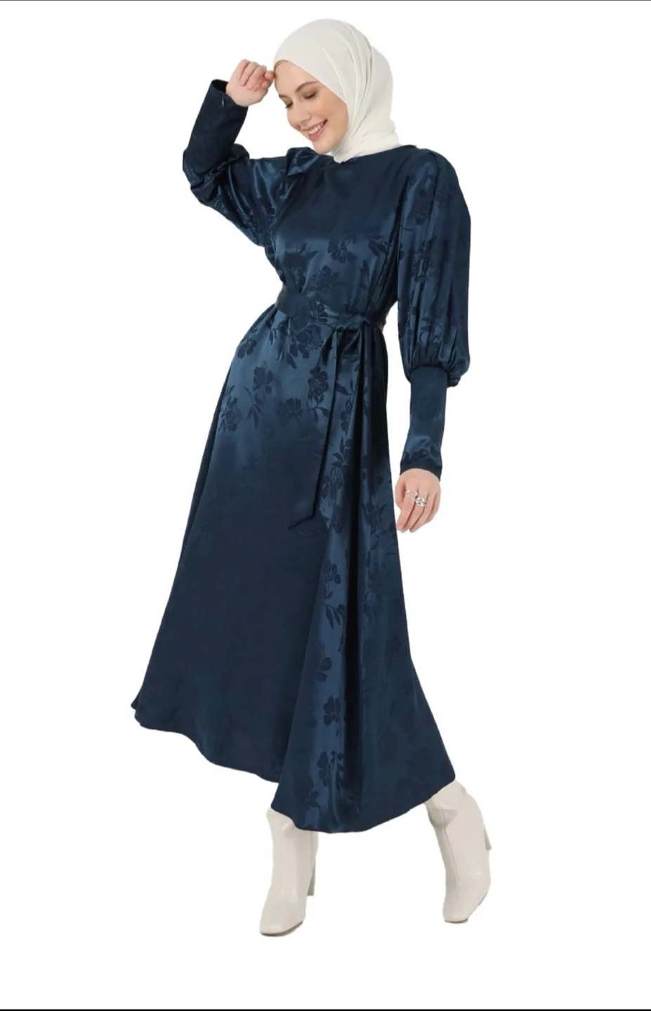 Dark Teal Floral Jacquard Satin Dress