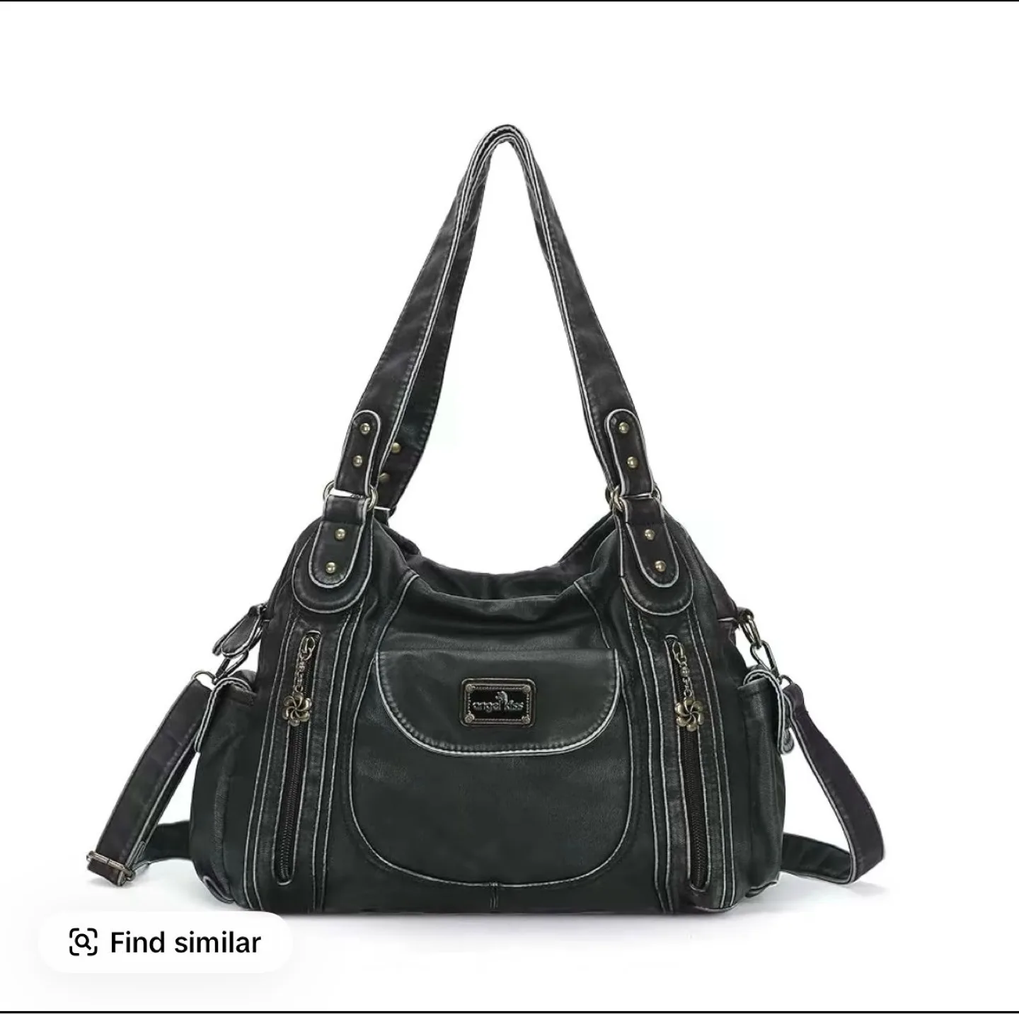 Angel Kiss Black Faux Leather Hobo Handbag WITH GOLD HARDWARE