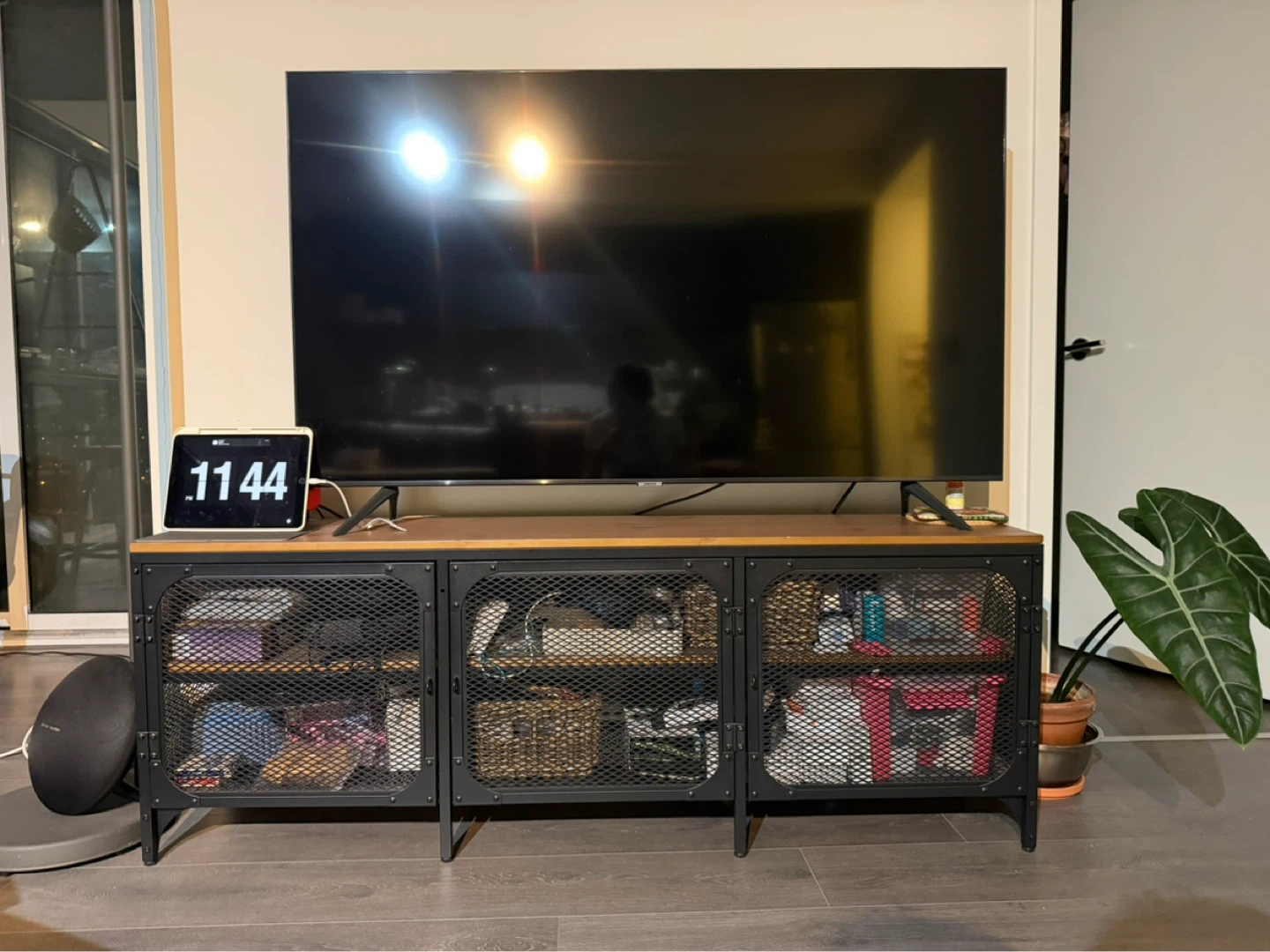 Industrial Style Media Console with Wood Top