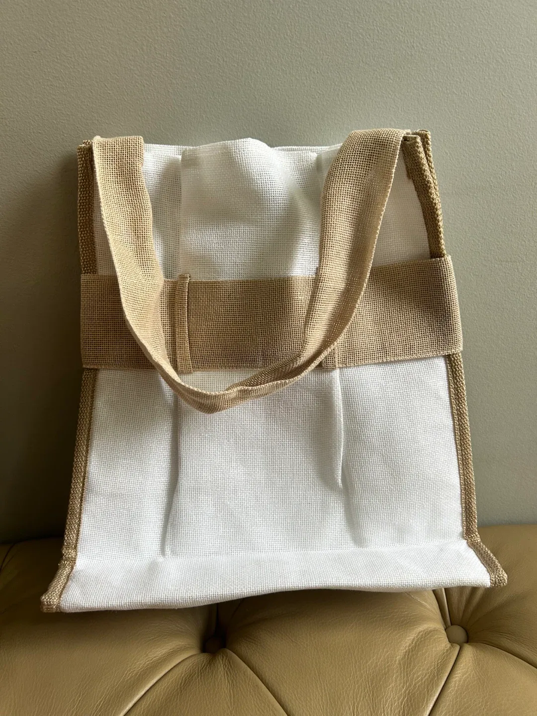 White Canvas Tote Bag with Burlap Trim - photo 4