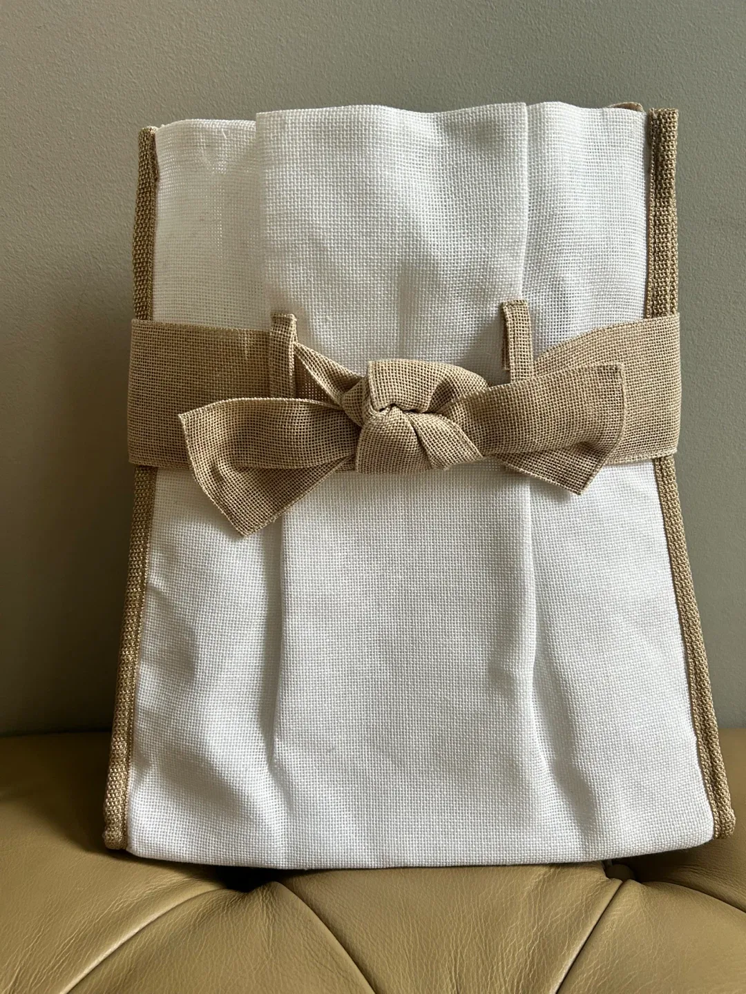 White Canvas Tote Bag with Burlap Trim