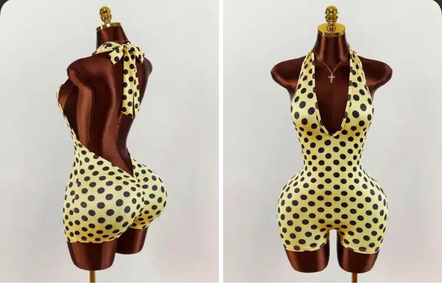 Yellow Polka Dot Halter Romper. Available in xsmall & large