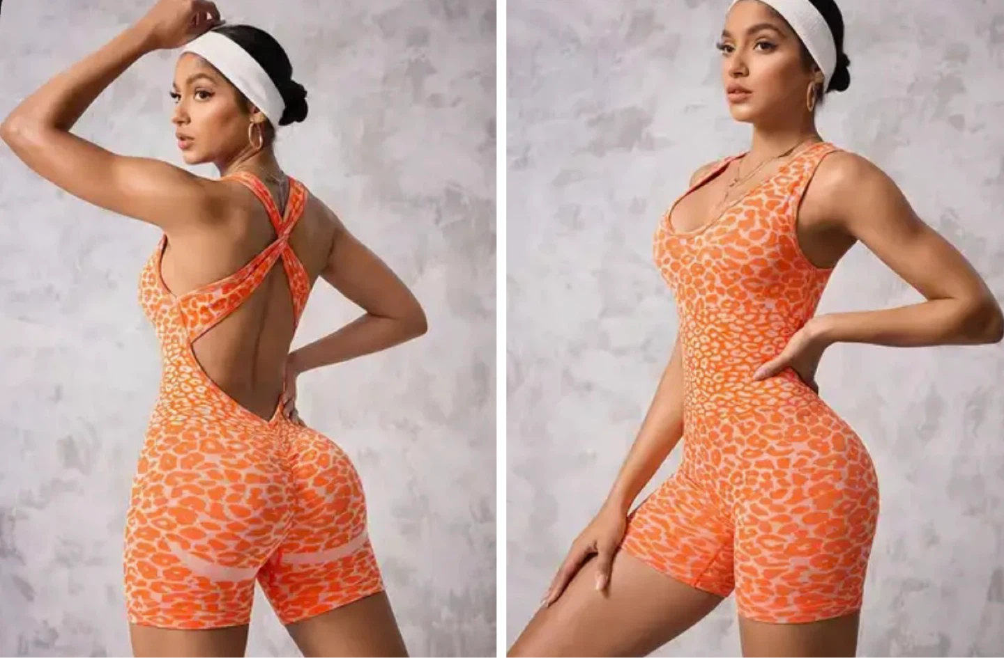 Orange Leopard Print Active Romper- Size Large