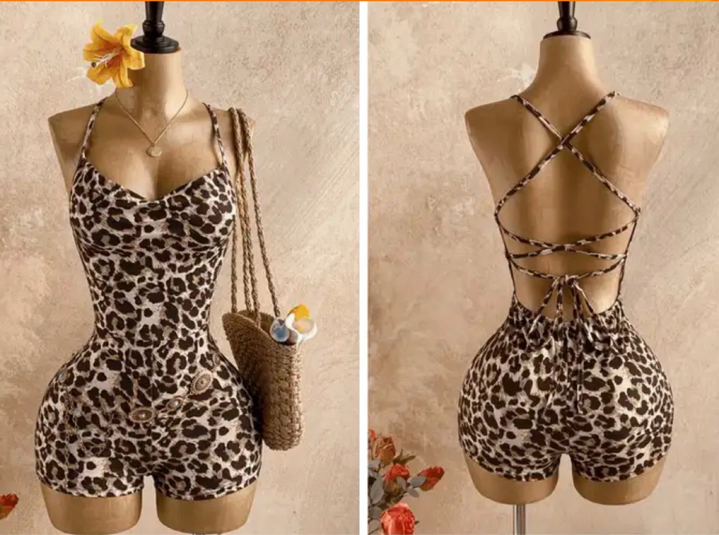 Leopard Print Romper with Lace-Up Back. Size medium