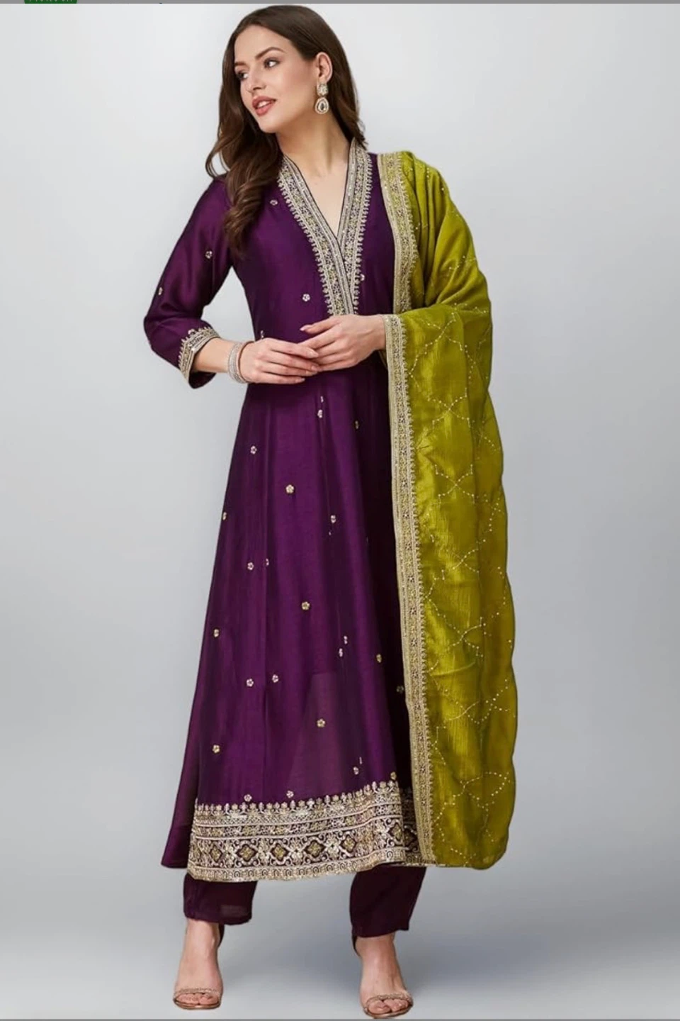 Purple Embroidered Ethnic Set with Green Dupatta