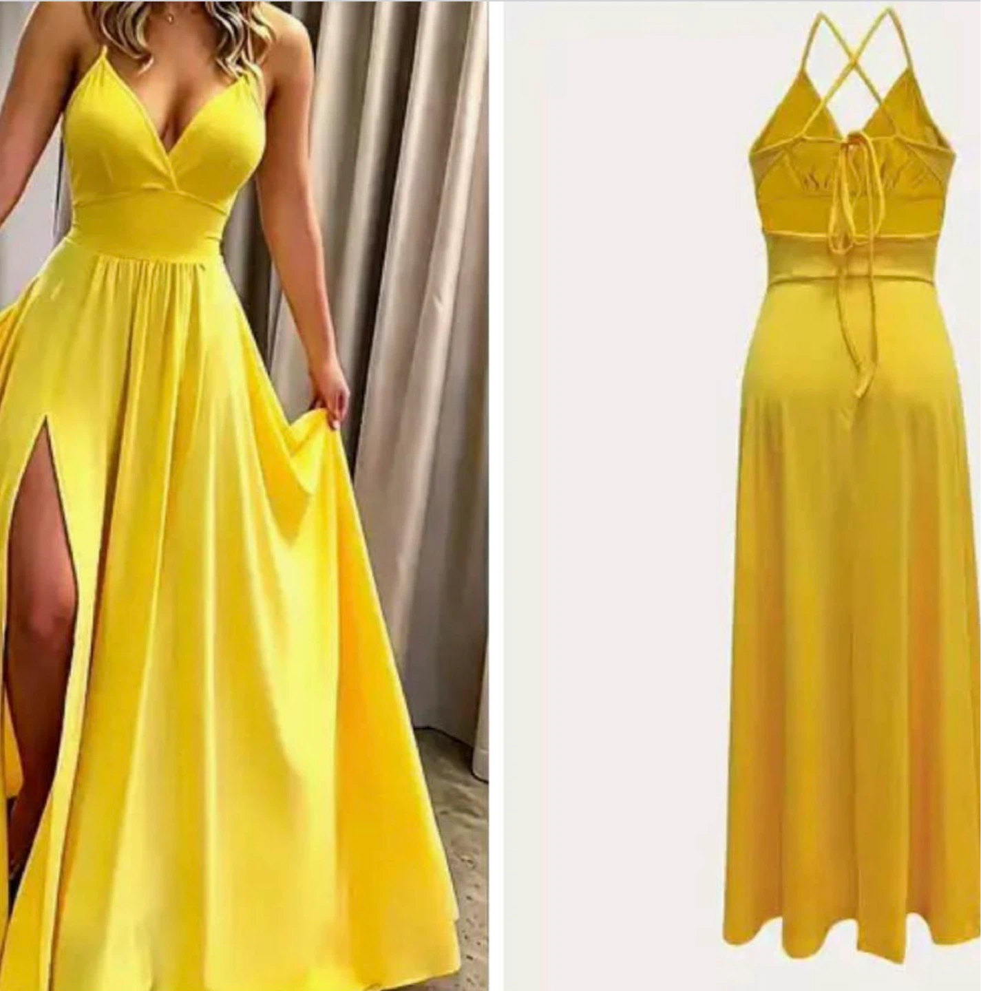 Yellow Spaghetti Strap Maxi Dress with High Slit. Size medium