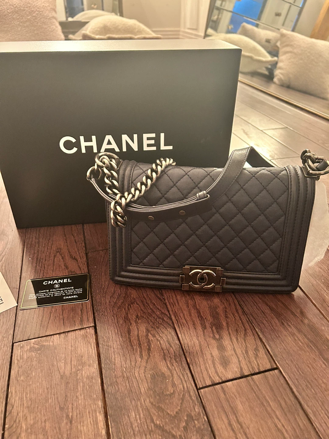 CHANEL boy bag navy /silver authentic old medium size