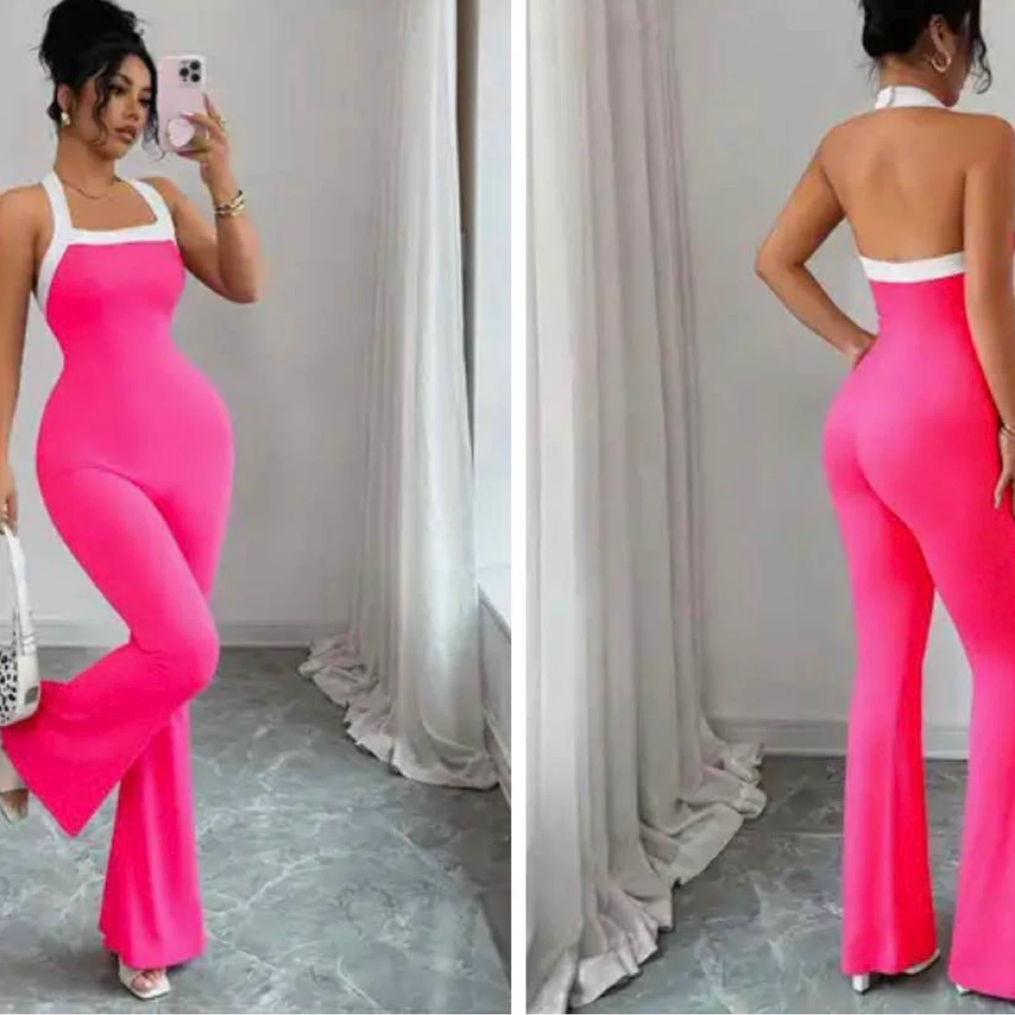 Pink Halter Neck Jumpsuit with white trim. Size large