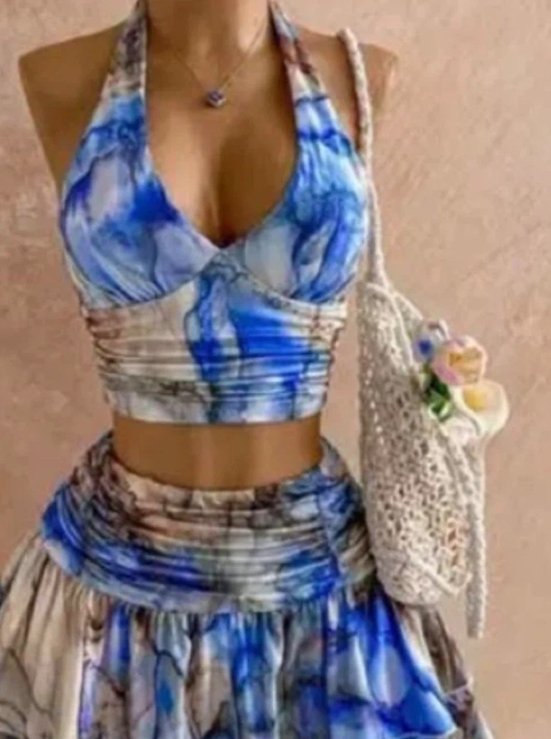 Blue Marble Print Halter Crop Top and Skirt Set. Size Medium