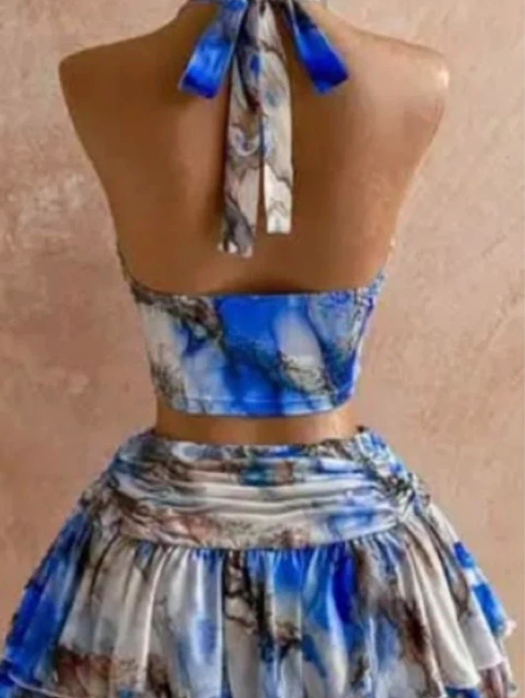 Blue Marble Print Halter Crop Top and Skirt Set. Size Medium - photo 2