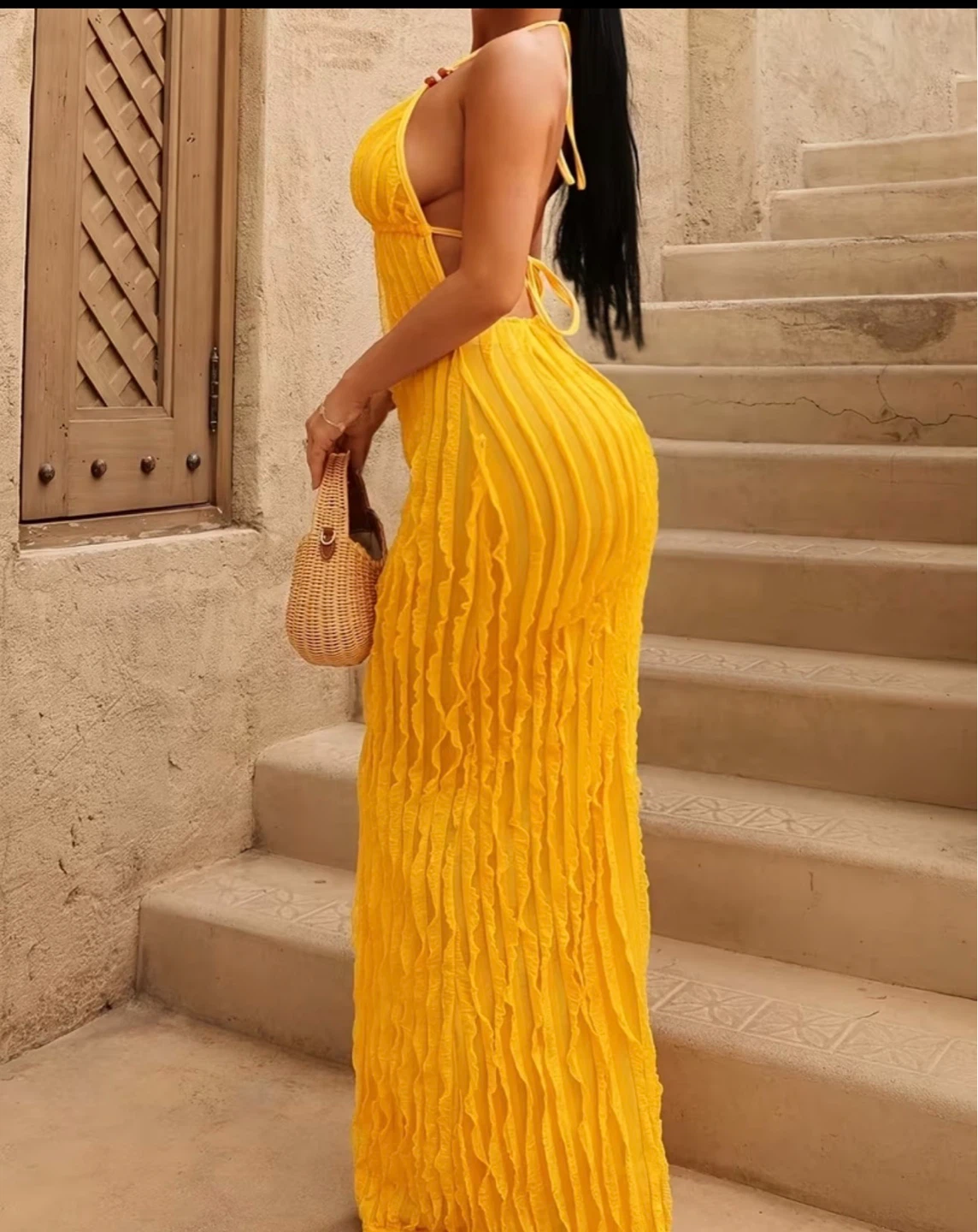 Yellow Textured Maxi Dress. Size Medium - photo 4