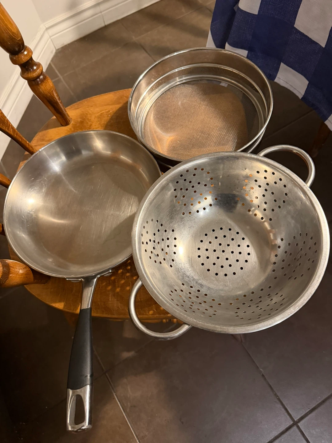 Stainless Steel Colander, Sieve, and Frying Pan