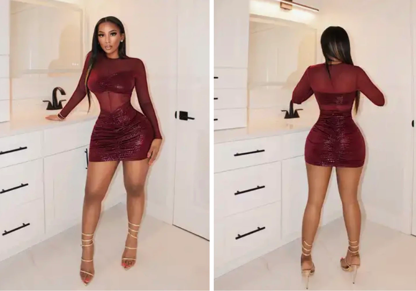 Burgundy Ruched Mesh Long Sleeve Mini Dress. Size large