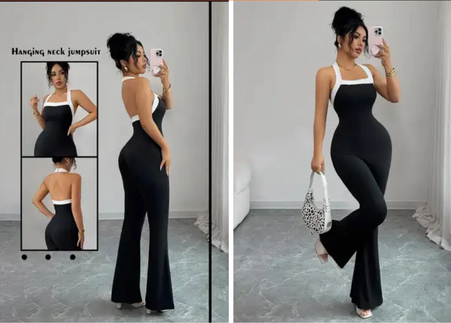 Black Hanging Neck Jumpsuit with White Trim. Size medium