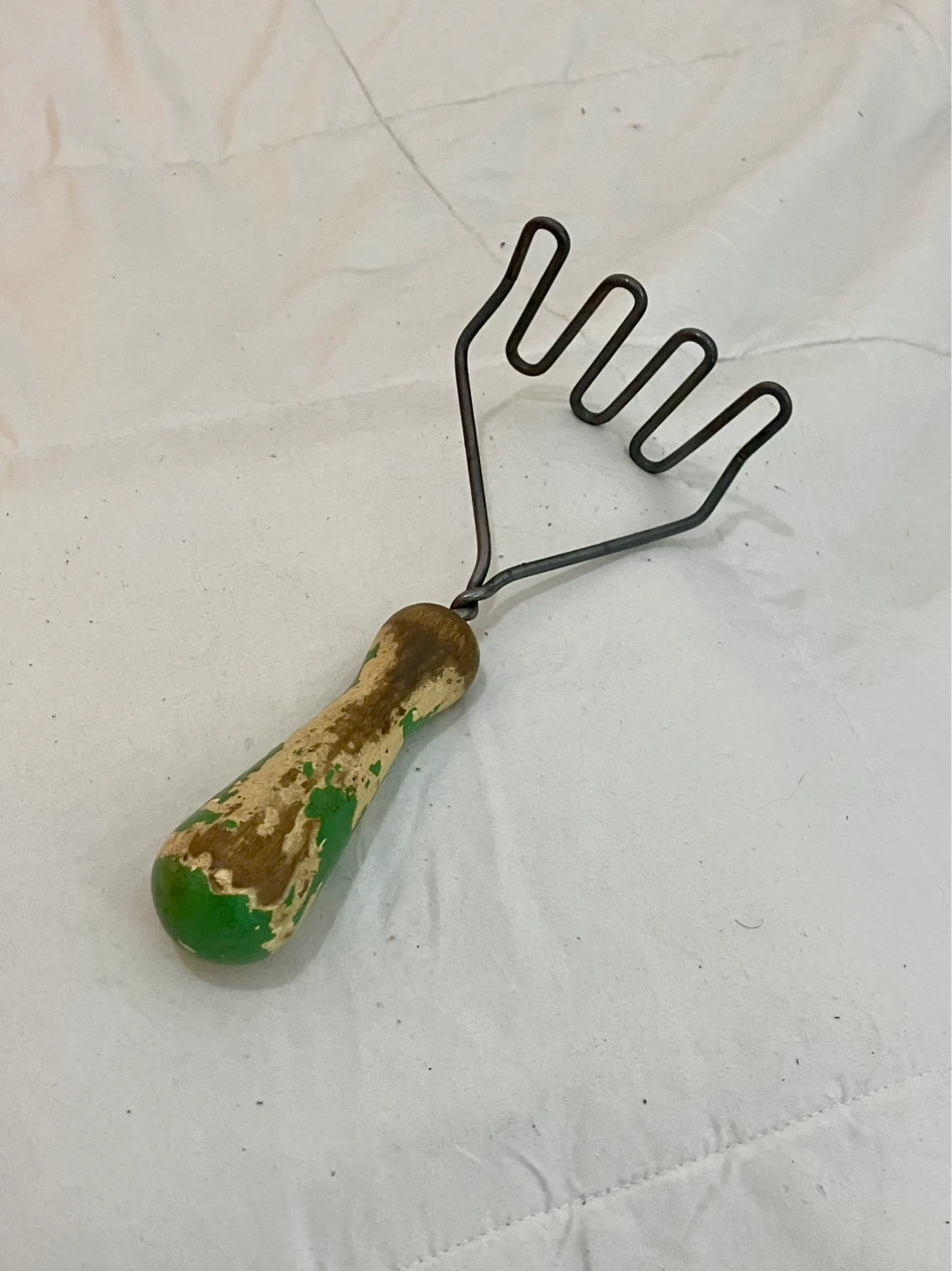 Antique 4-Prong Potato Masher With Wooden Handle - 9” x 4”