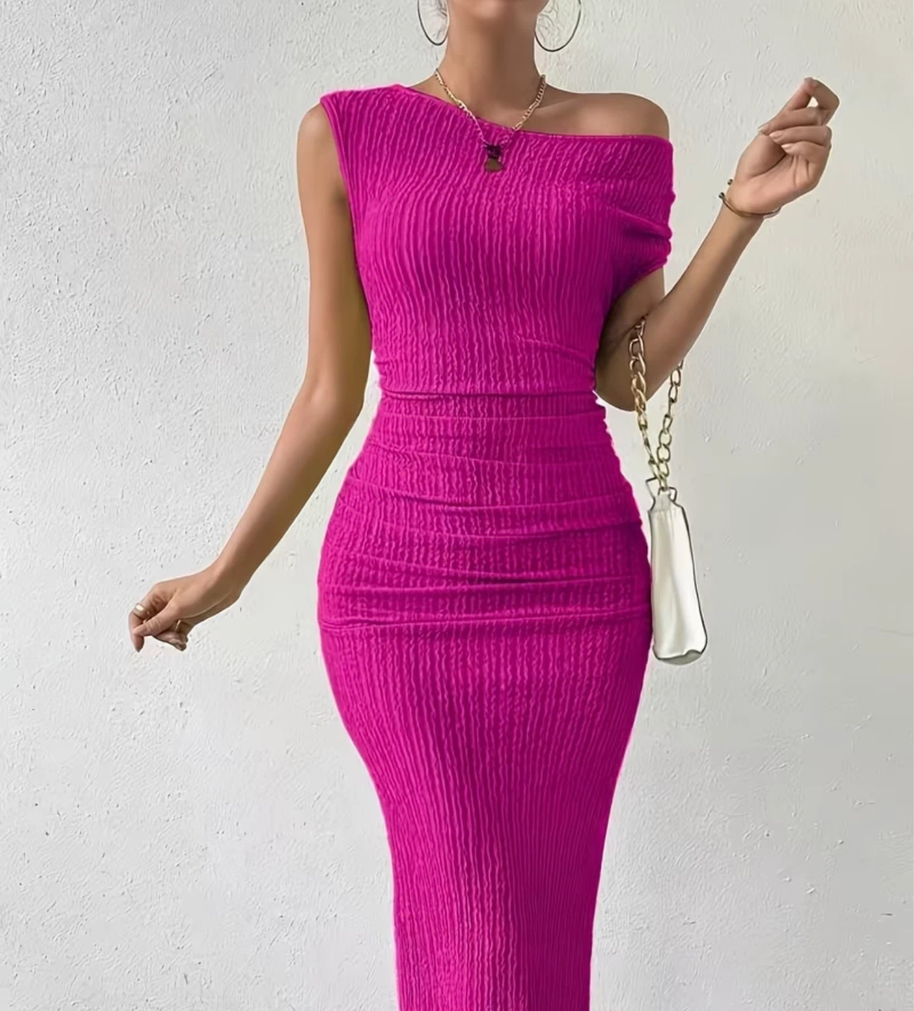 Women's Pink Ruched One-Shoulder Dress. Size medium