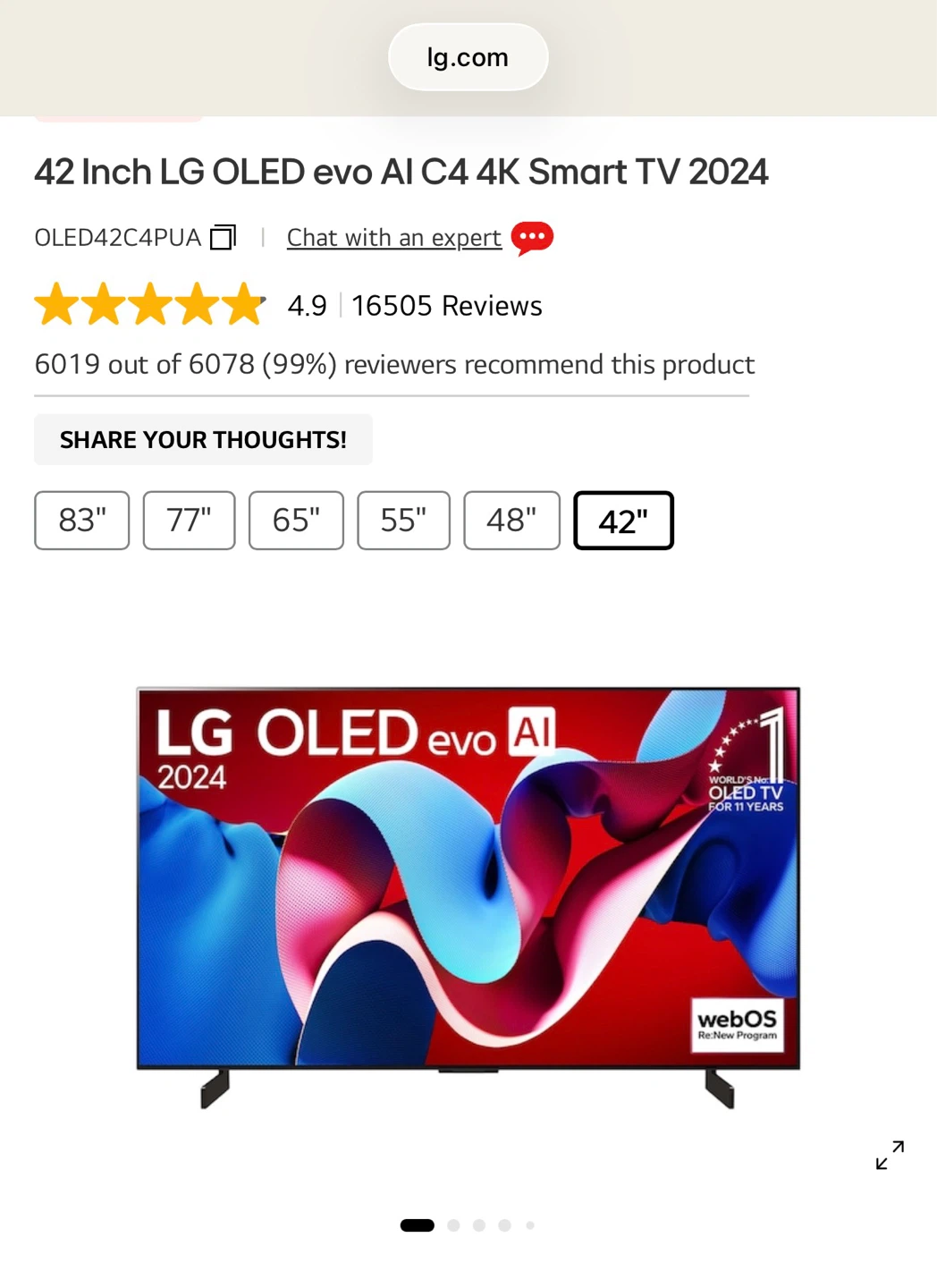 42 Inch LG OLED evo 4K Smart TV