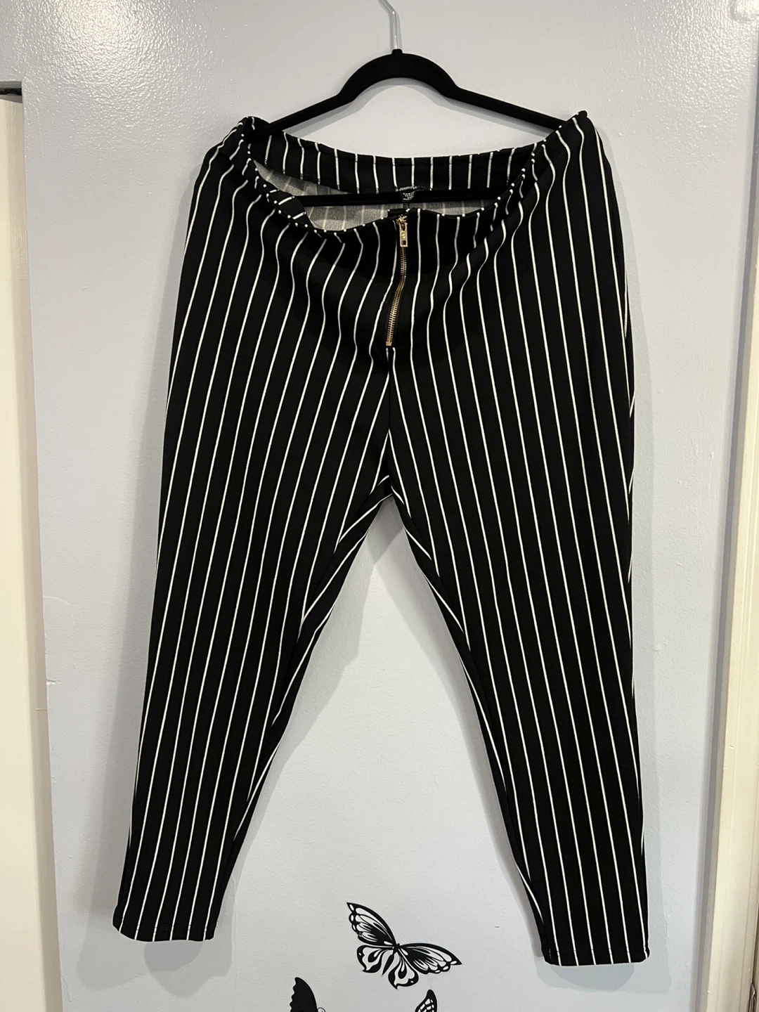 Black and White Striped Dress Pants with Zipper