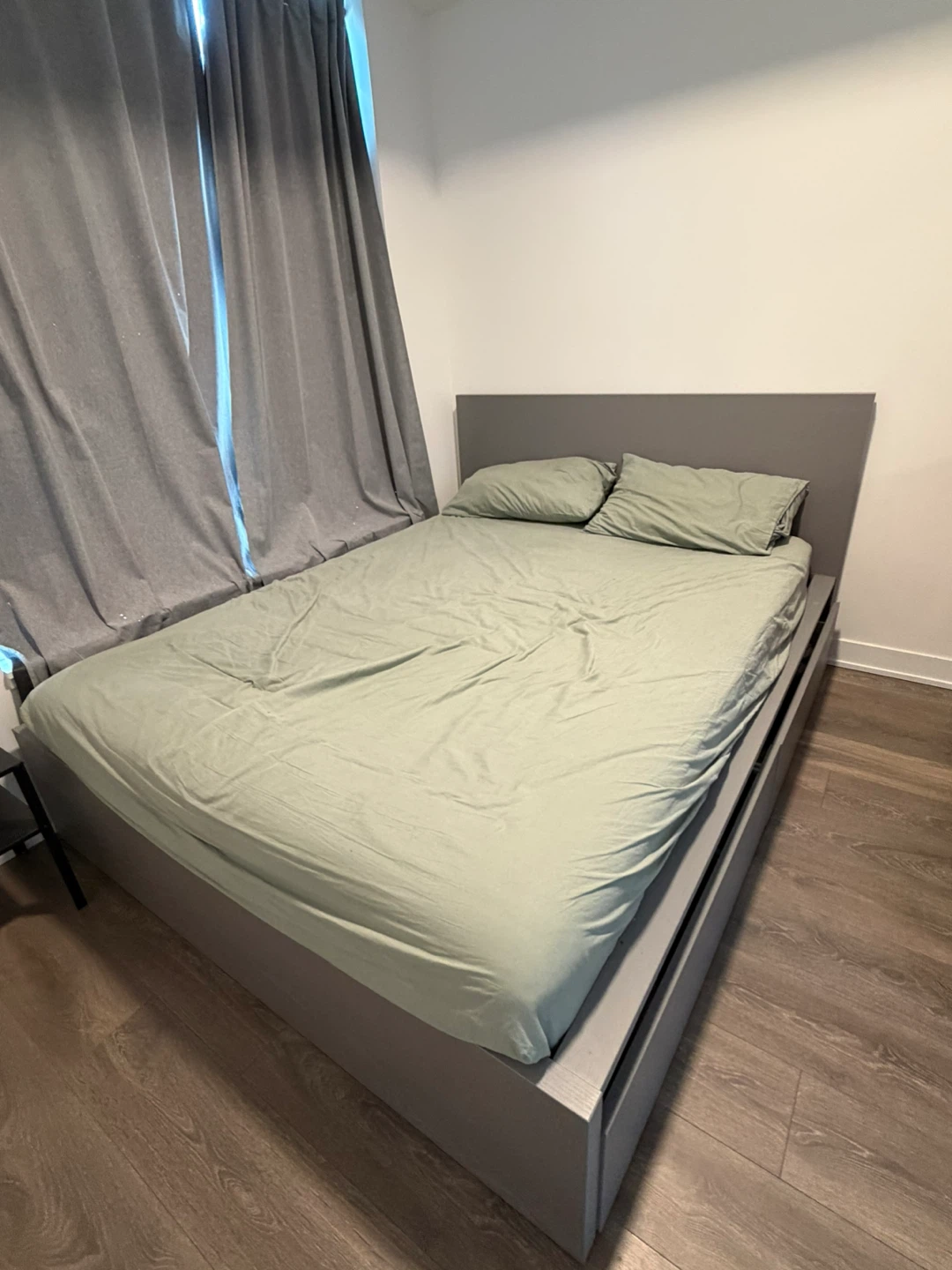 Ikea grey-queen size bed with 2 - storage side box
