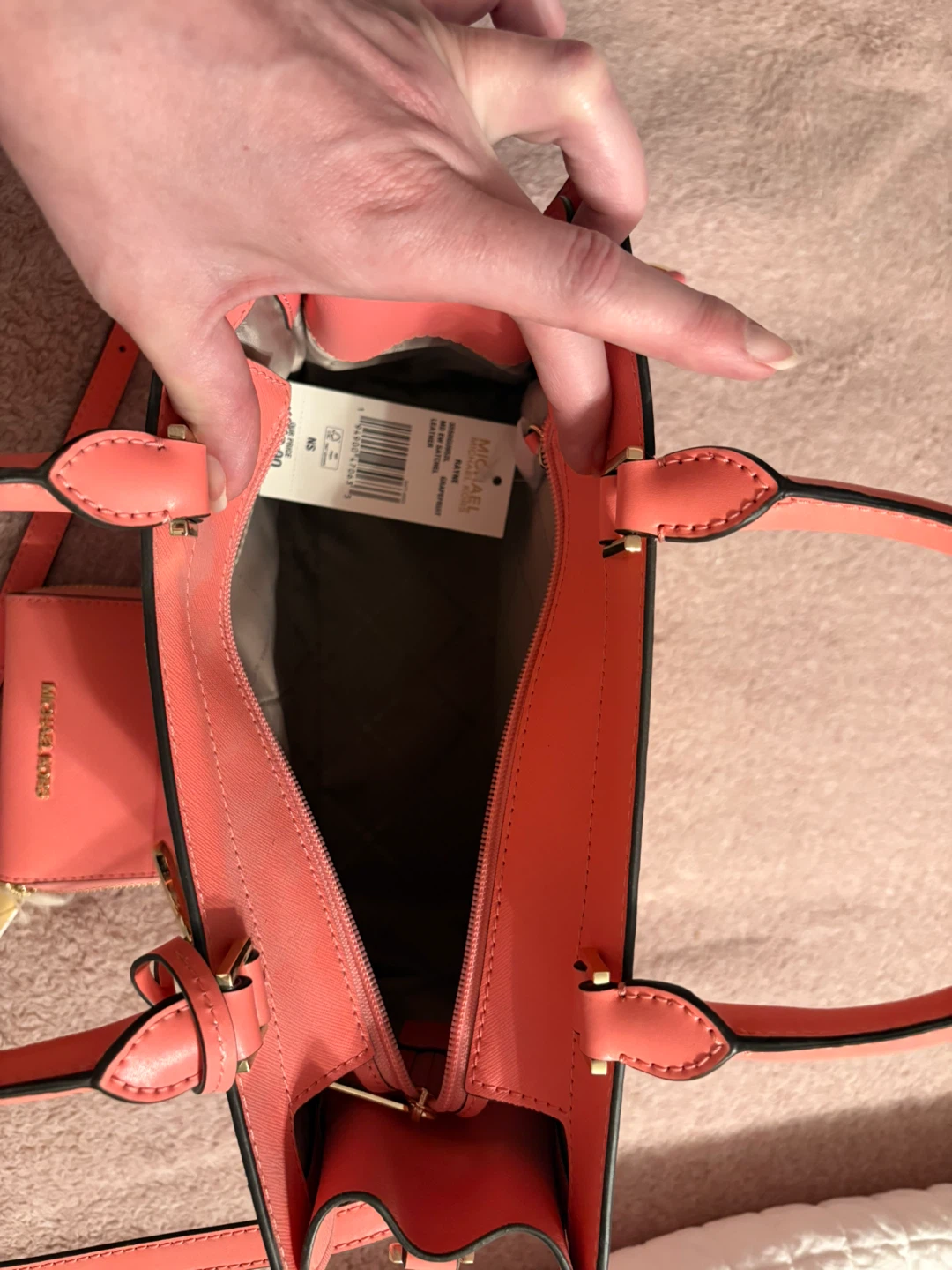 Michael Kors Coral Leather Handbag with Matching Card Holder