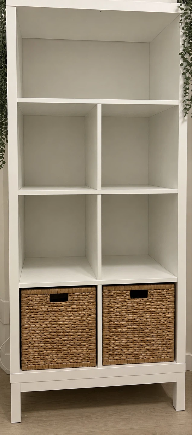 IKEA White 4-Cube Storage Shelf with legs and Wicker Baskets