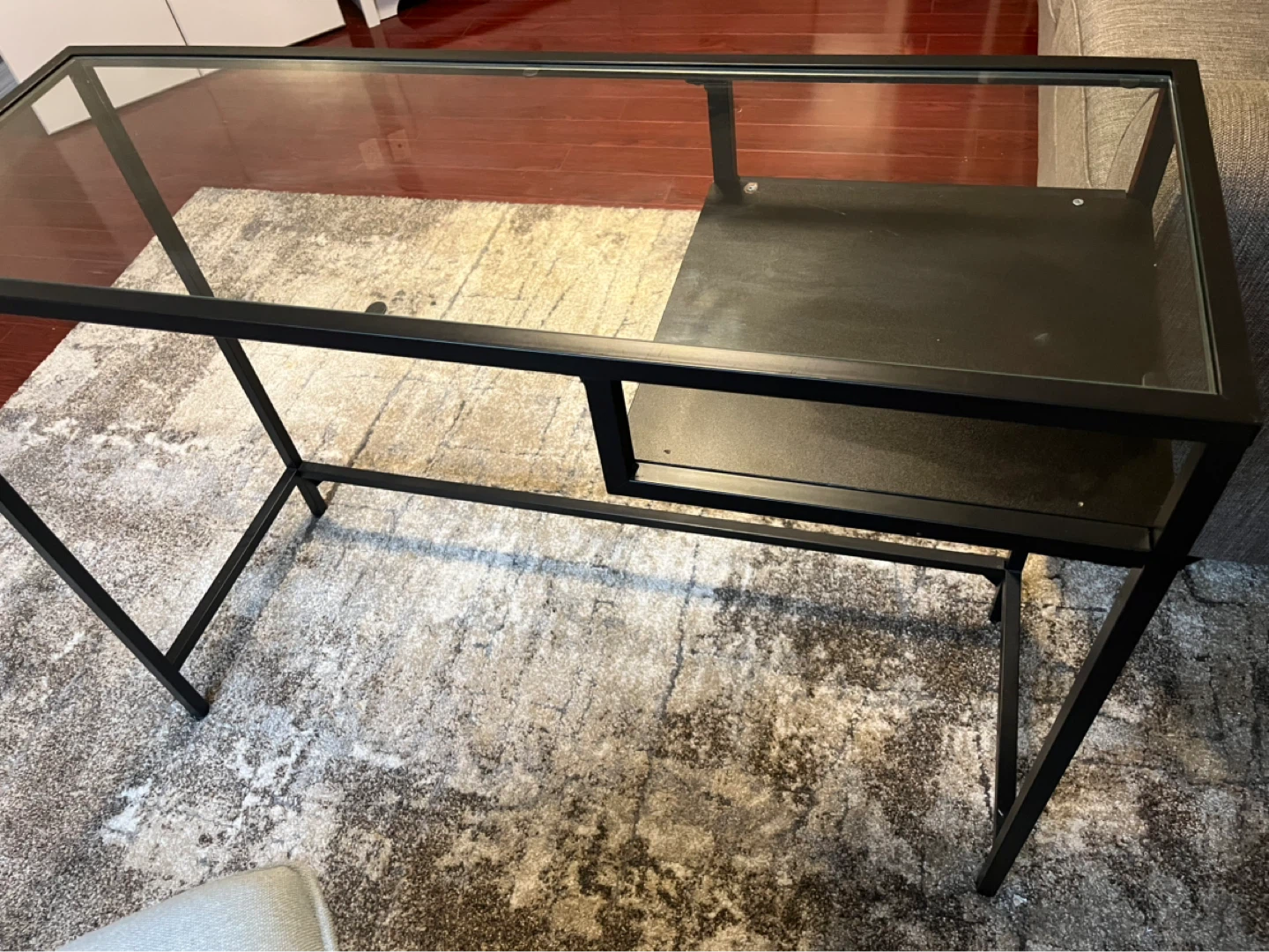 Glass top desk with metal frame