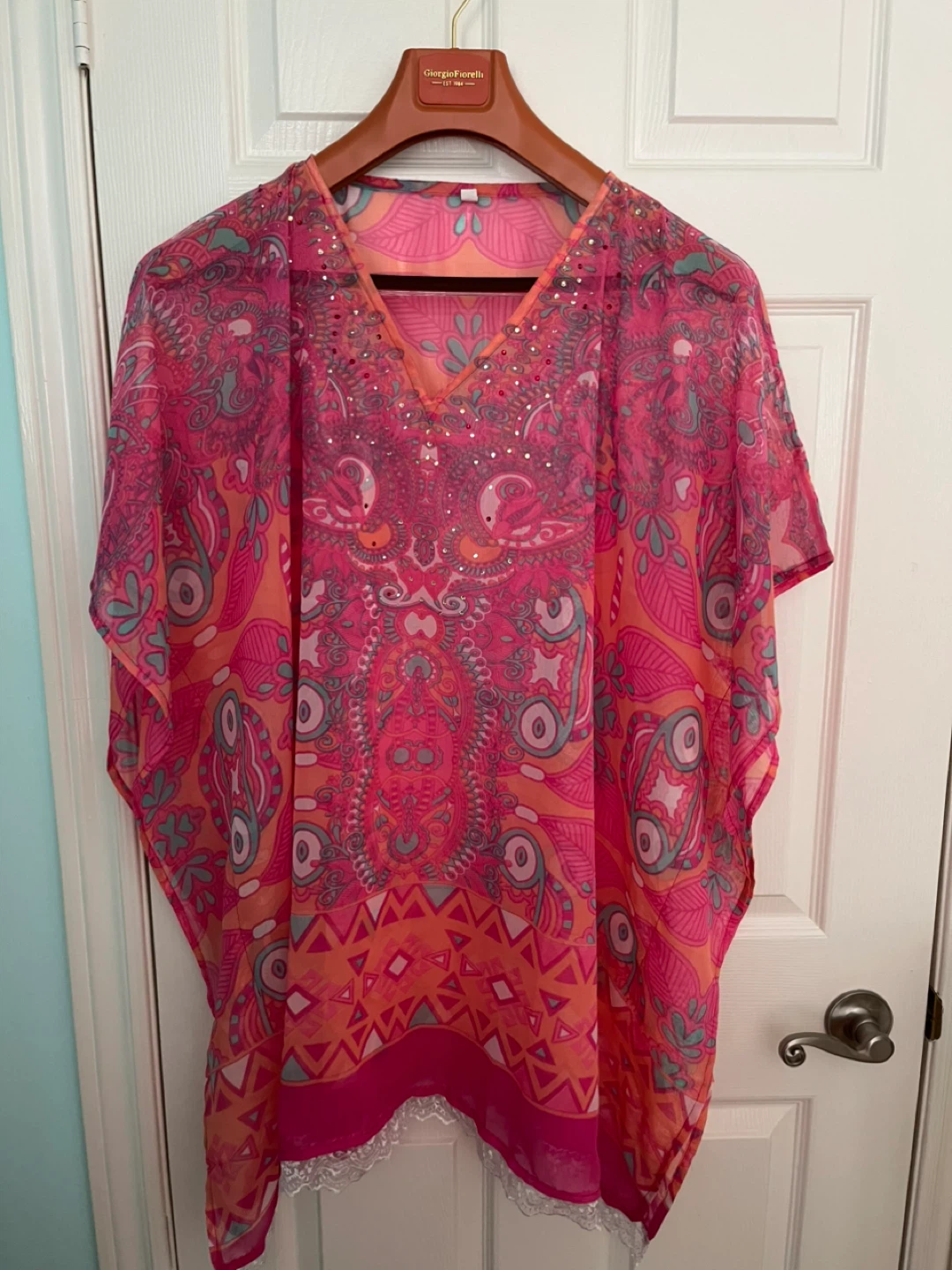 Pink Paisley Print coverup with Sequins - One Size