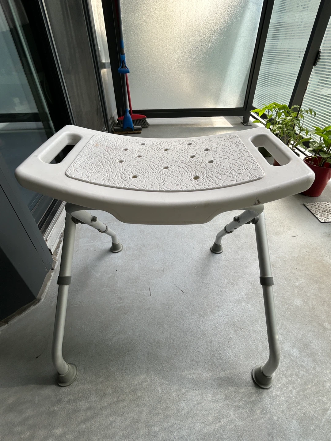 White Shower Stool with Handle Cutouts