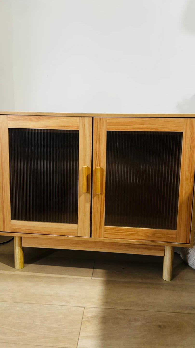 Wooden Cabinet with Ribbed Glass Doors