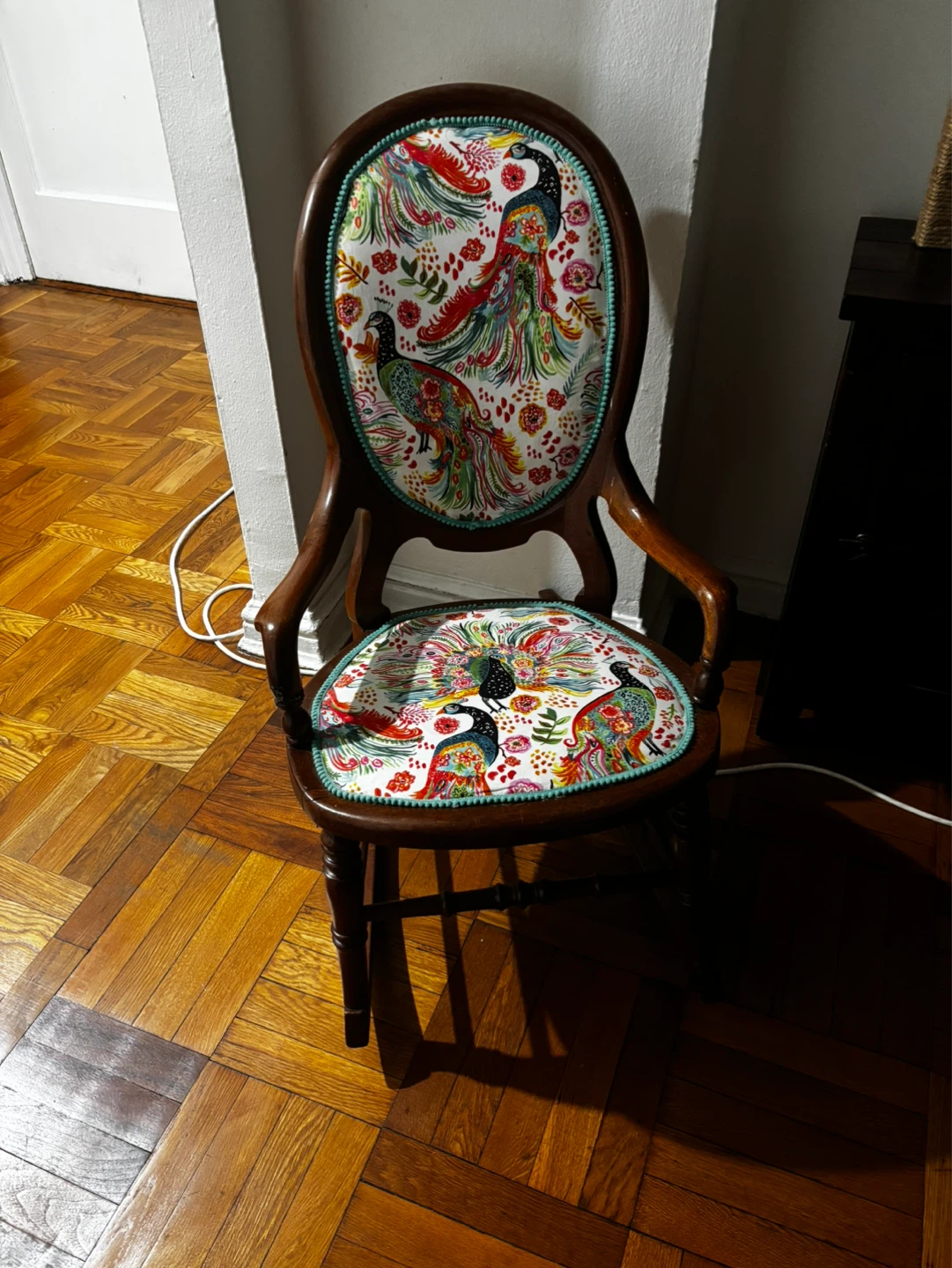 Vintage Wooden Rocking Chair with Peacock Upholstery