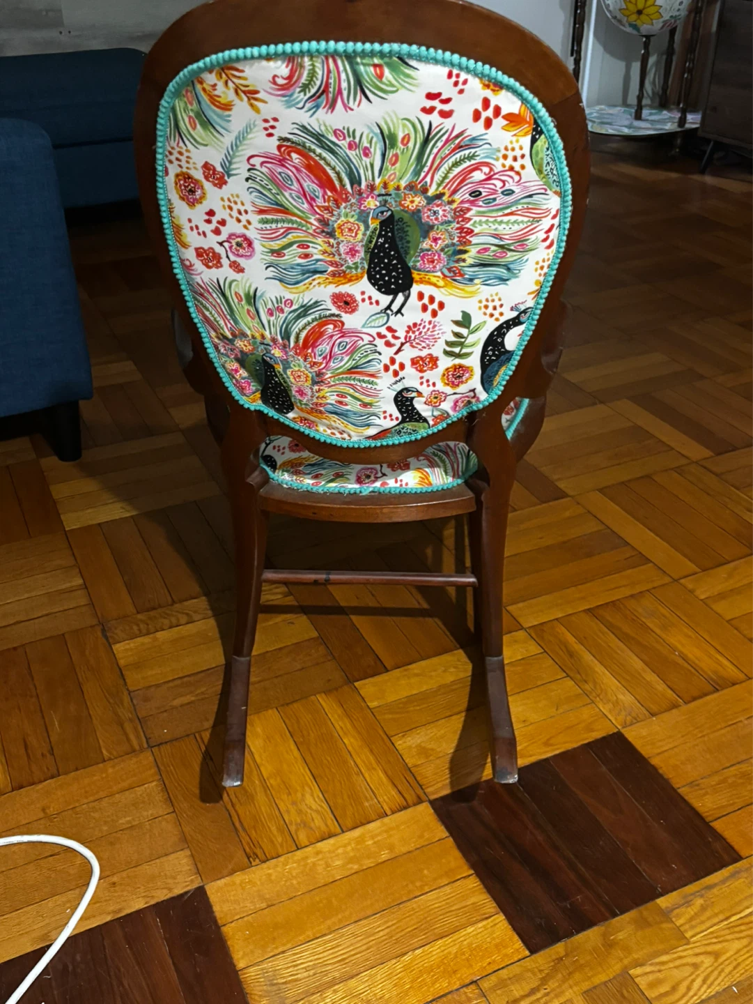 Vintage Wooden Rocking Chair with Peacock Upholstery - photo 4
