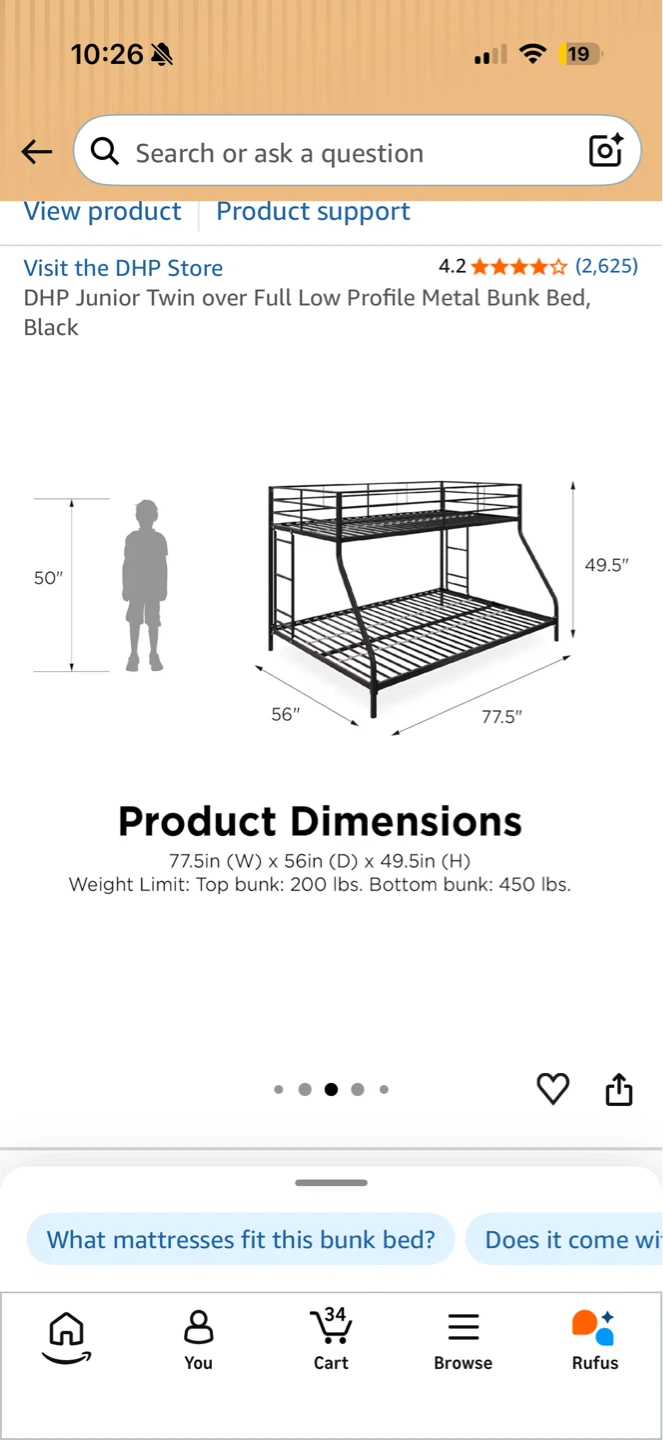 DHP Junior Twin over Full Low Profile Metal Bunk Bed - White - photo 2