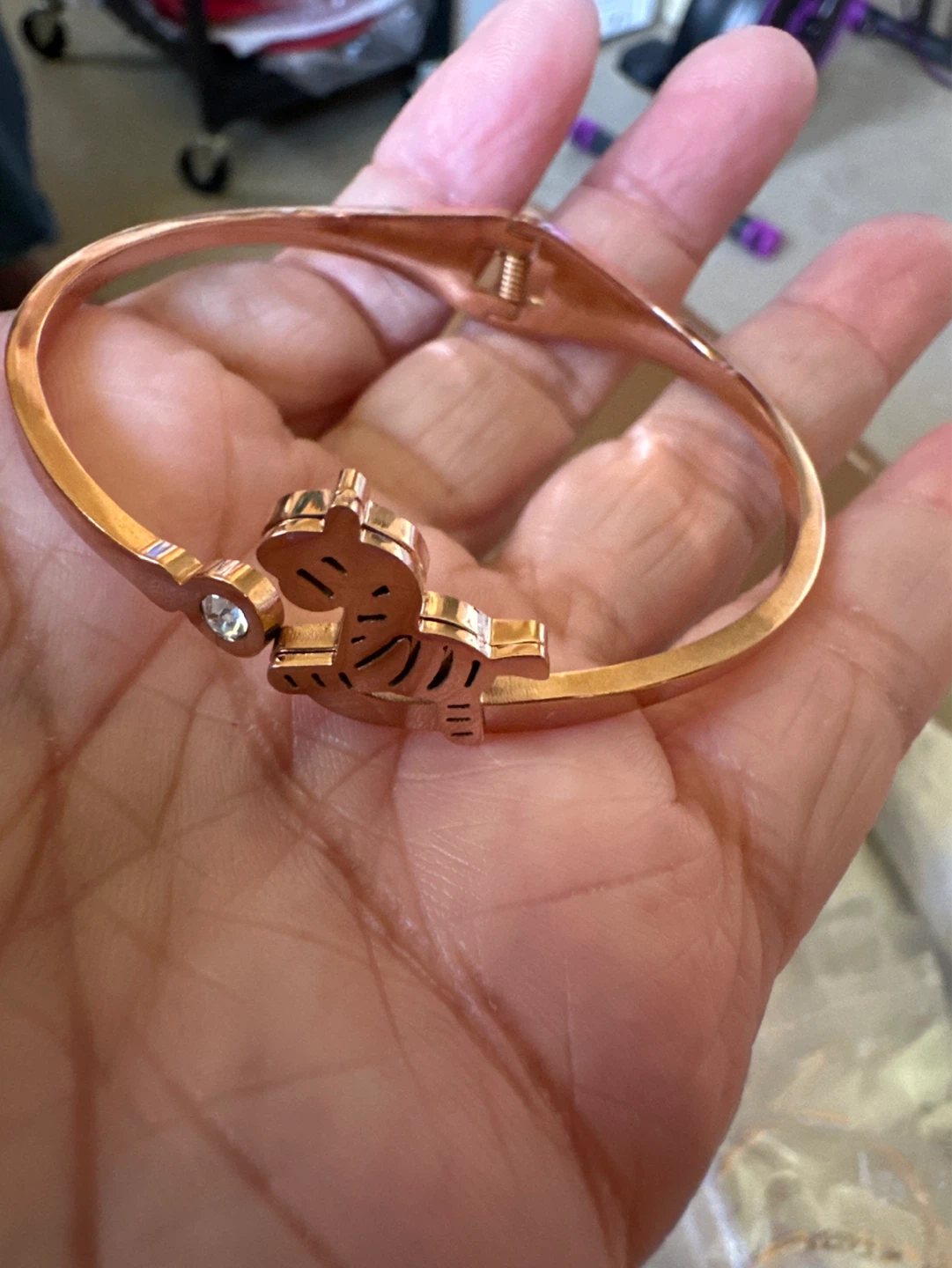 Rose Gold Tone Tiger Bangle Bracelet with Crystal Accent